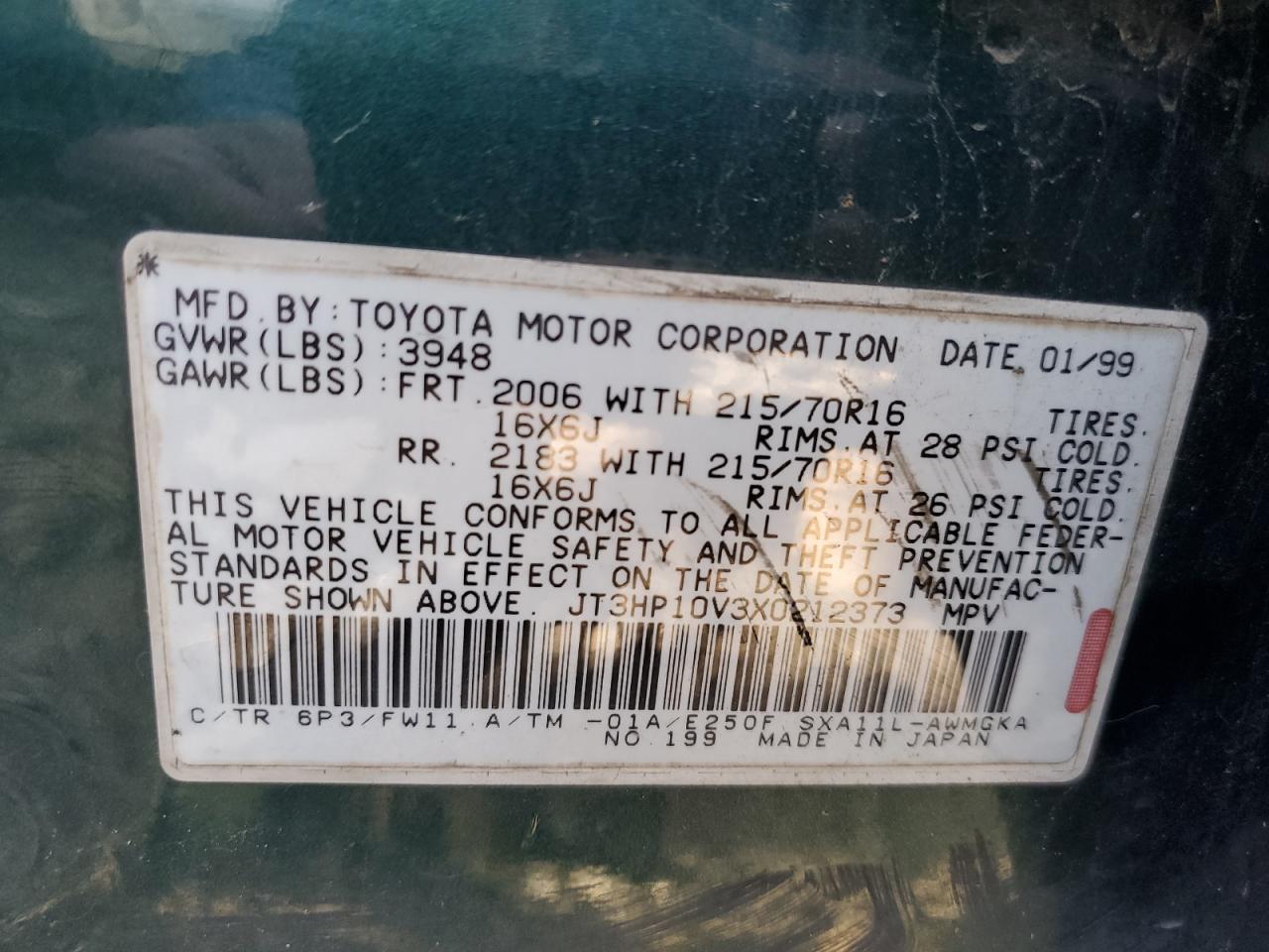 1999 Toyota Rav4 VIN: JT3HP10V3X0212373 Lot: 69211334