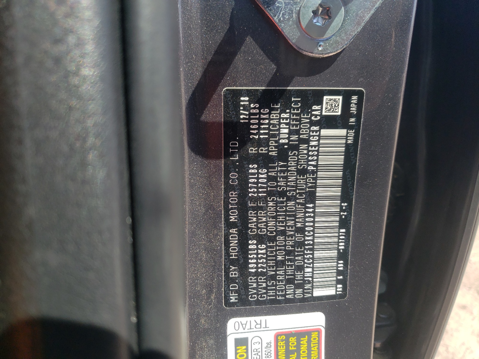 JHMZC5F13KC000344 2019 Honda Clarity