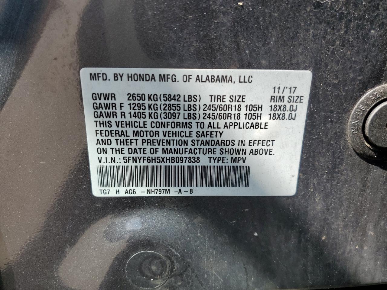 5FNYF6H5XHB097838 2017 Honda Pilot Exl