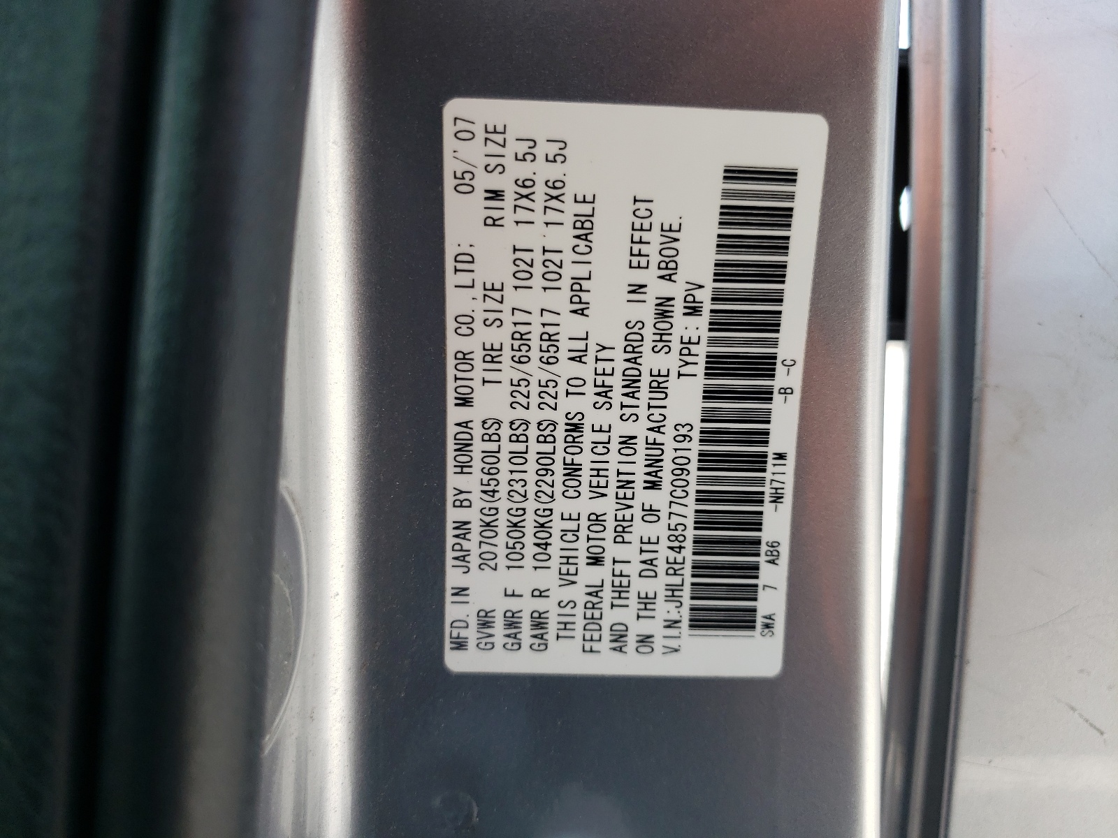 JHLRE48577C090193 2007 Honda Cr-V Ex