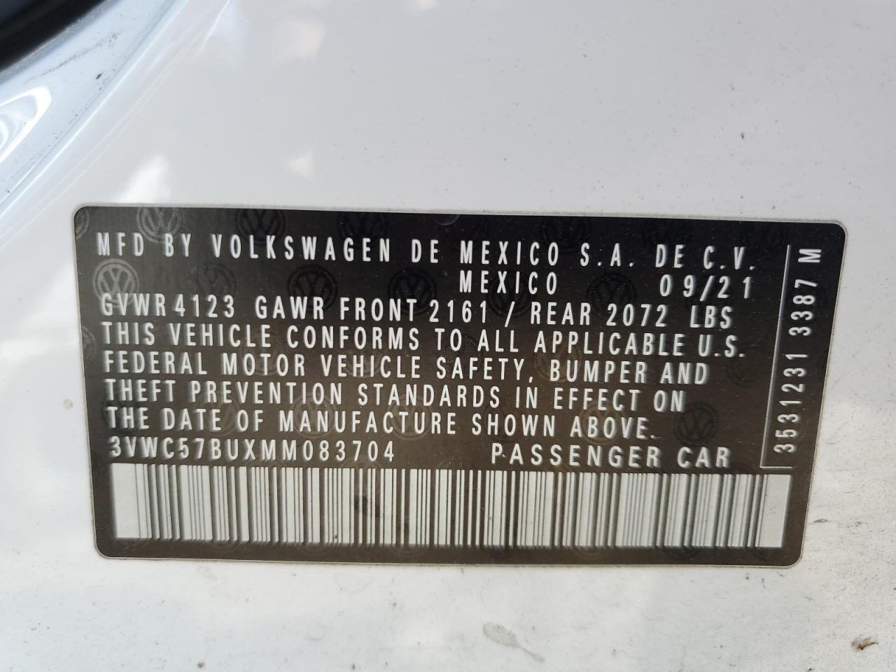 2021 Volkswagen Jetta S VIN: 3VWC57BUXMM083704 Lot: 66836884