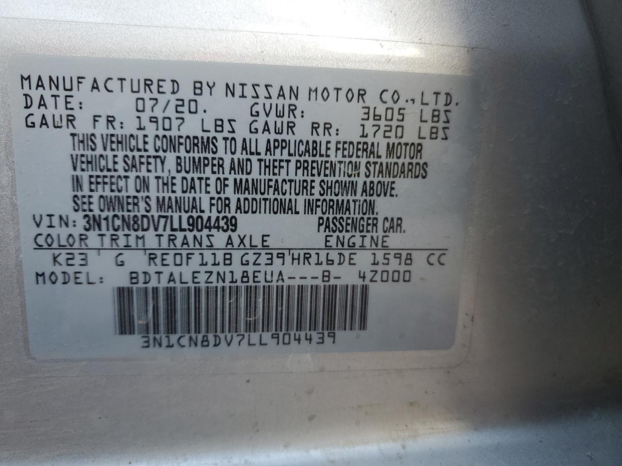 2020 Nissan Versa S VIN: 3N1CN8DV7LL904439 Lot: 68537964