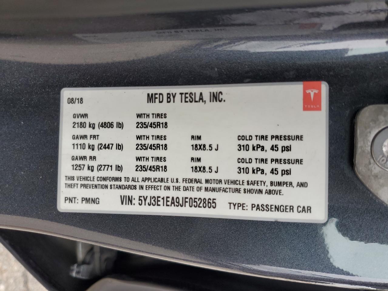 2018 Tesla Model 3 VIN: 5YJ3E1EA9JF052865 Lot: 65630884