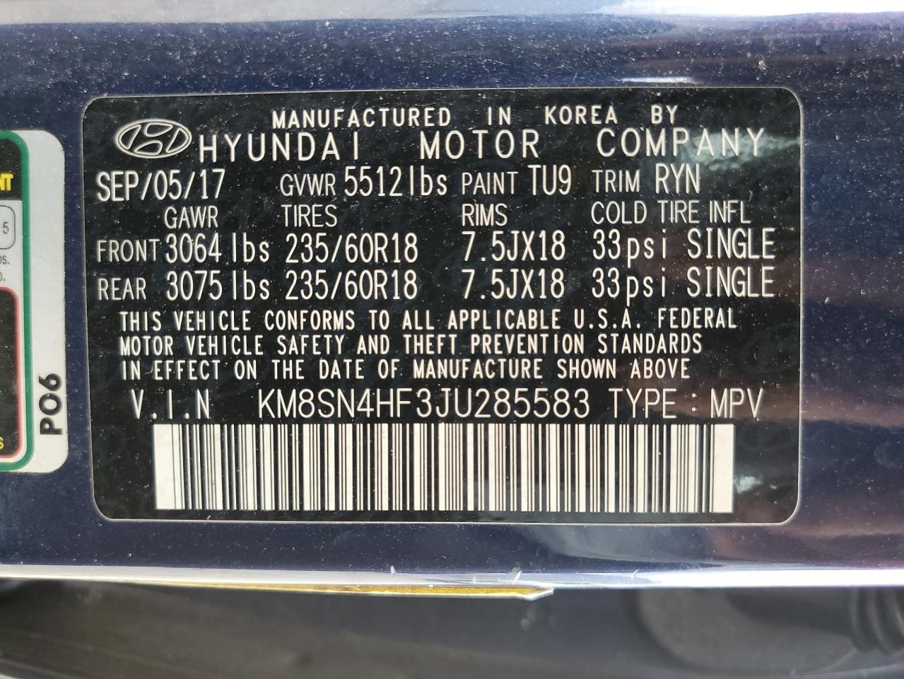 KM8SN4HF3JU285583 2018 Hyundai Santa Fe Se