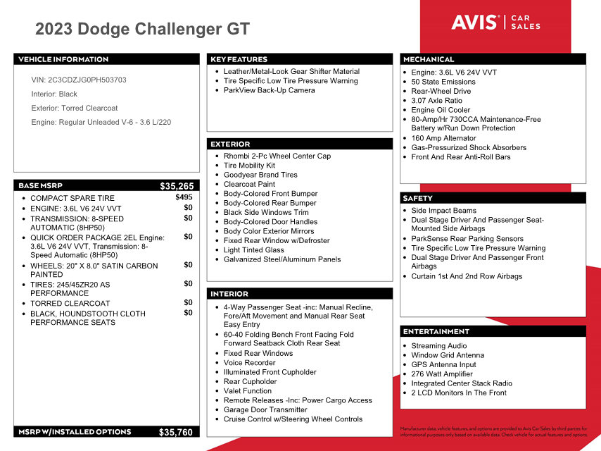 2C3CDZJG0PH503703 2023 Dodge Challenger Gt