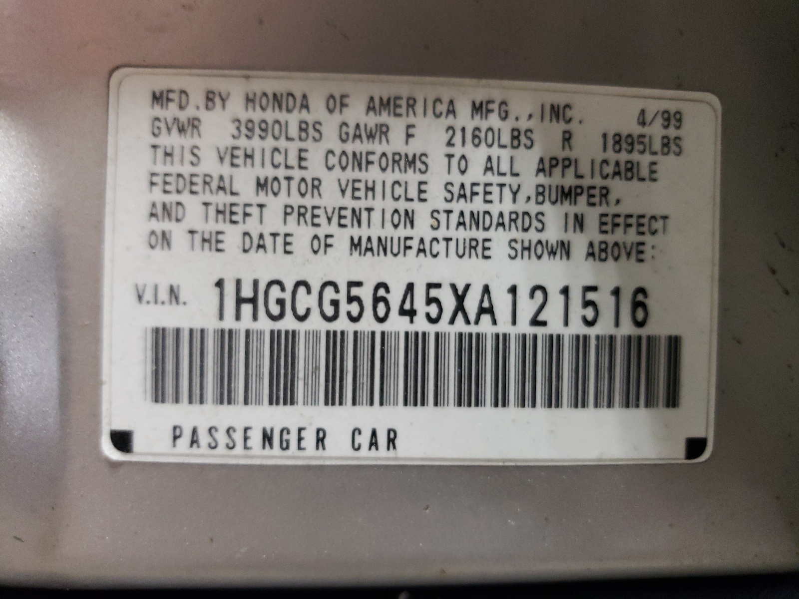 1HGCG5645XA121516 1999 Honda Accord Lx