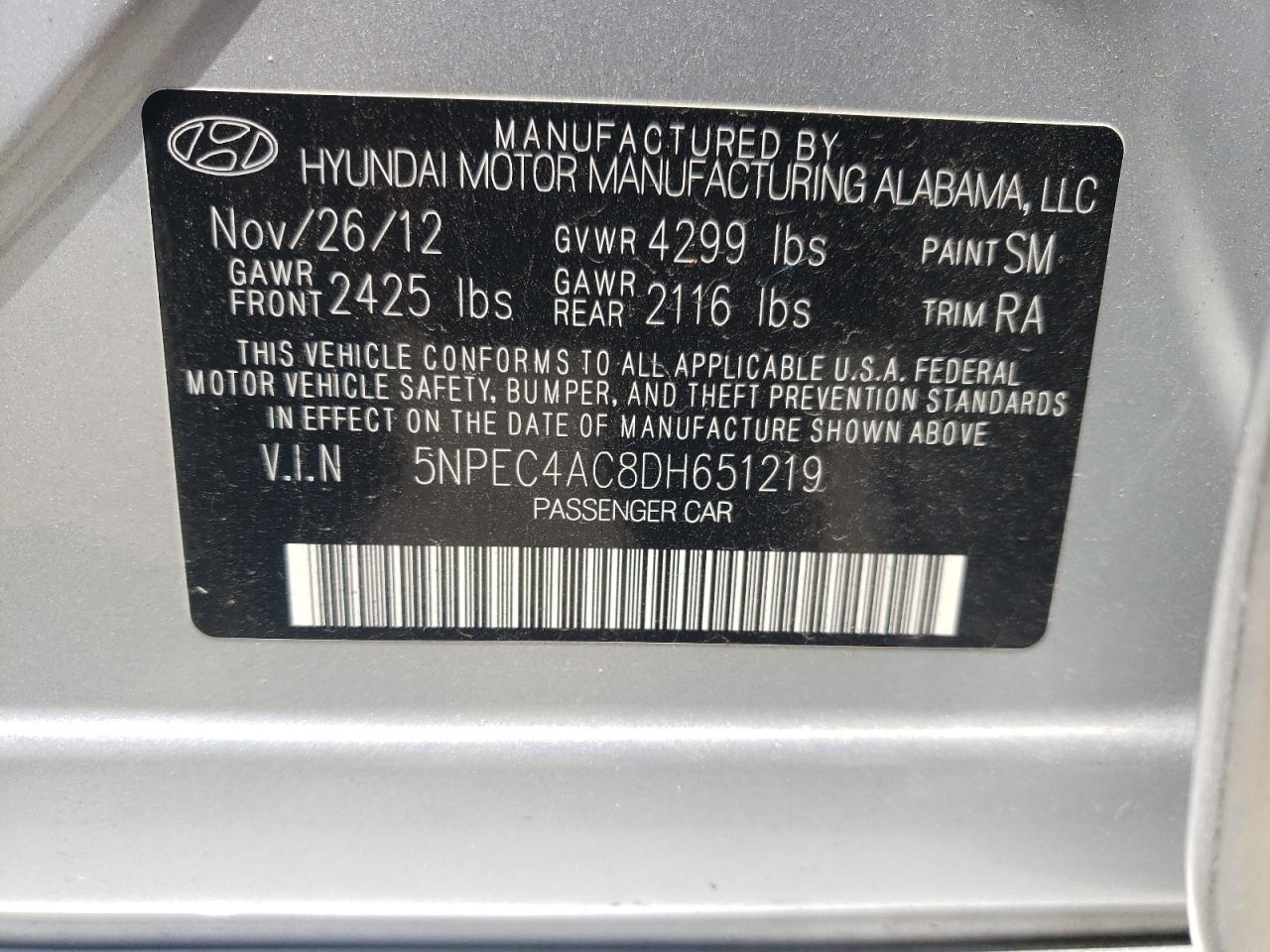 5NPEC4AC8DH651219 2013 Hyundai Sonata Se