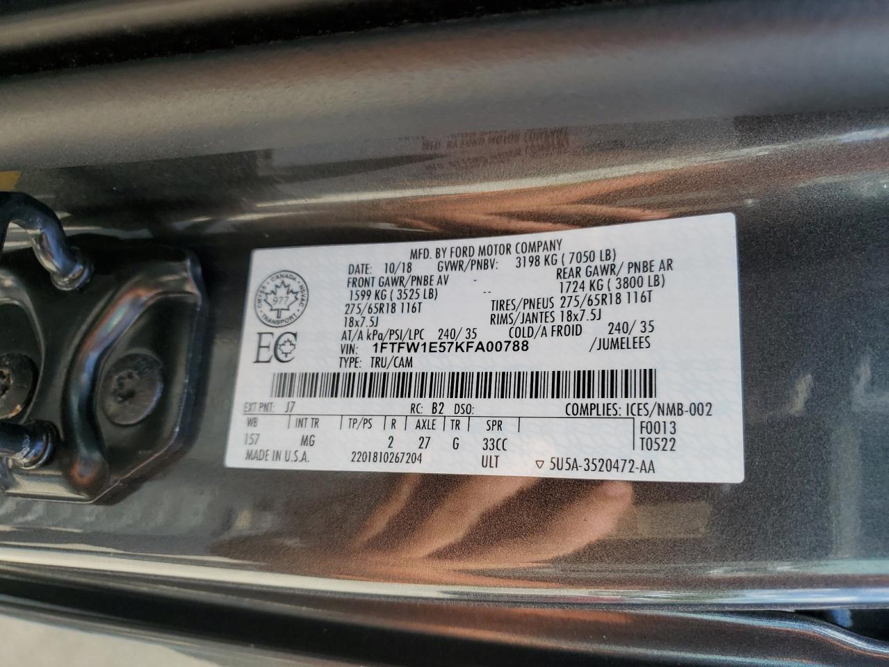 1FTFW1E57KFA00788 2019 Ford F150 Supercrew
