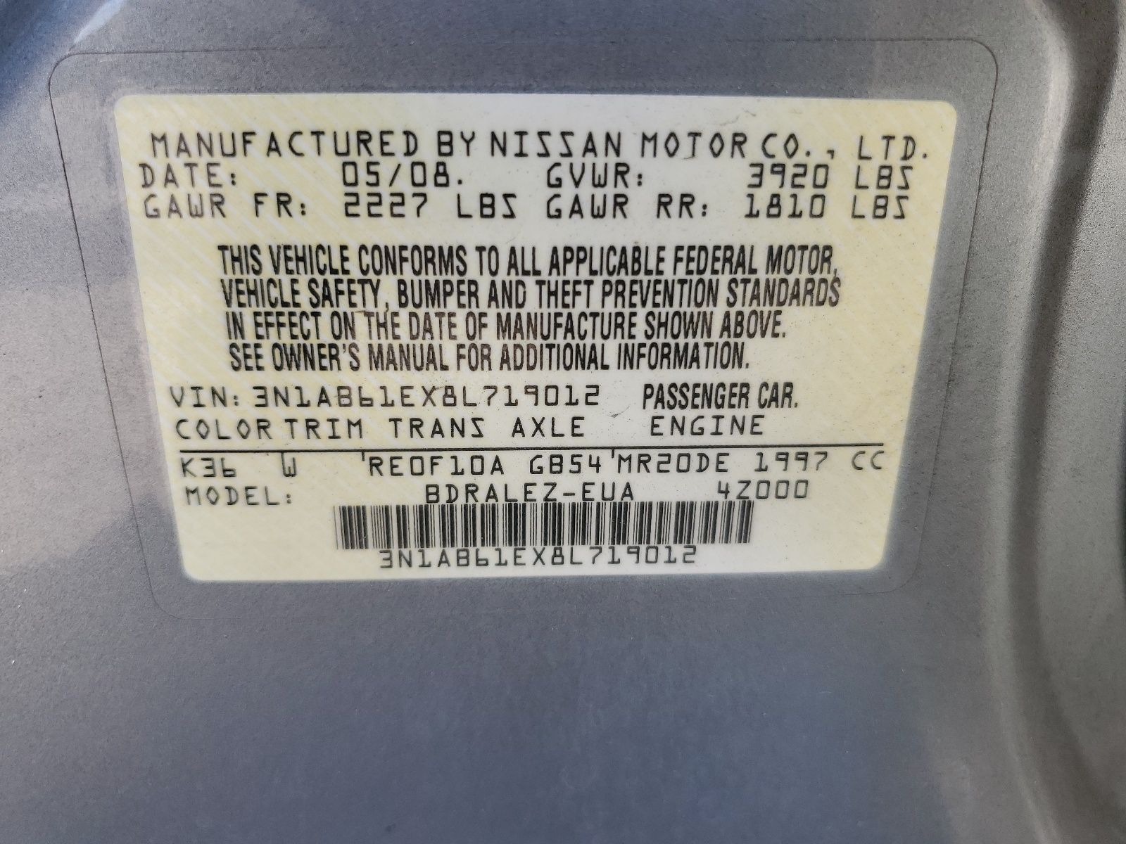 3N1AB61EX8L719012 2008 Nissan Sentra 2.0