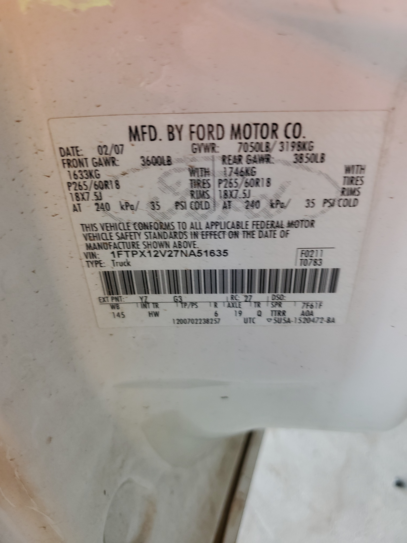 1FTPX12V27NA51635 2007 Ford F150