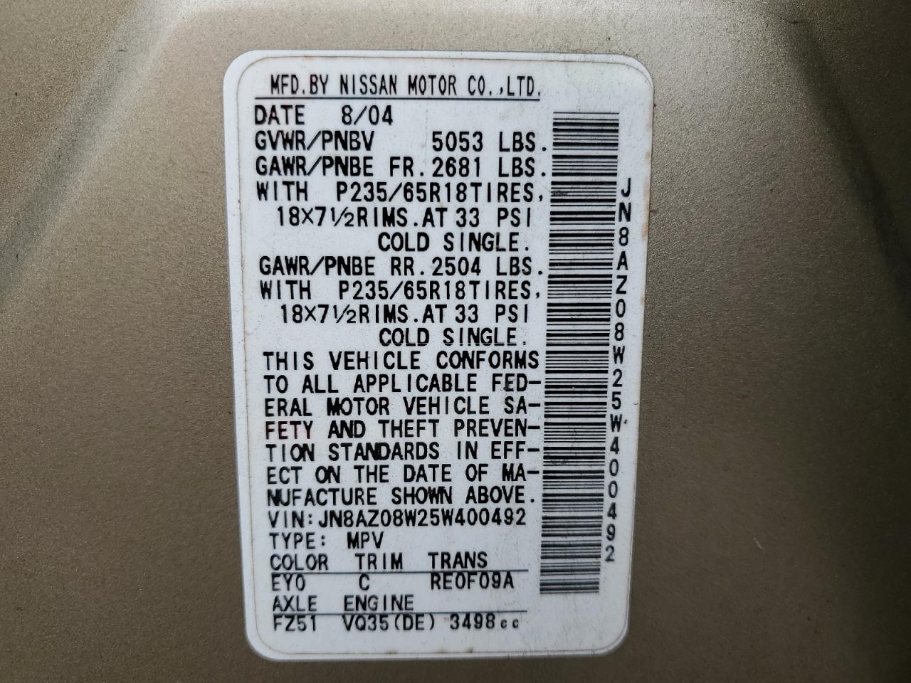 JN8AZ08W25W400492 2005 Nissan Murano Sl