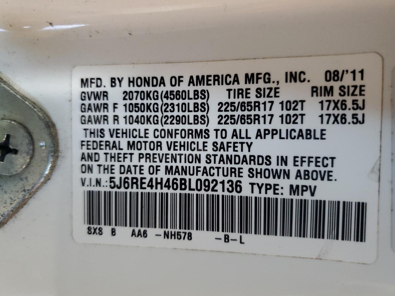 2011 Honda Cr-V Se VIN: 5J6RE4H46BL092136 Lot: 67293694