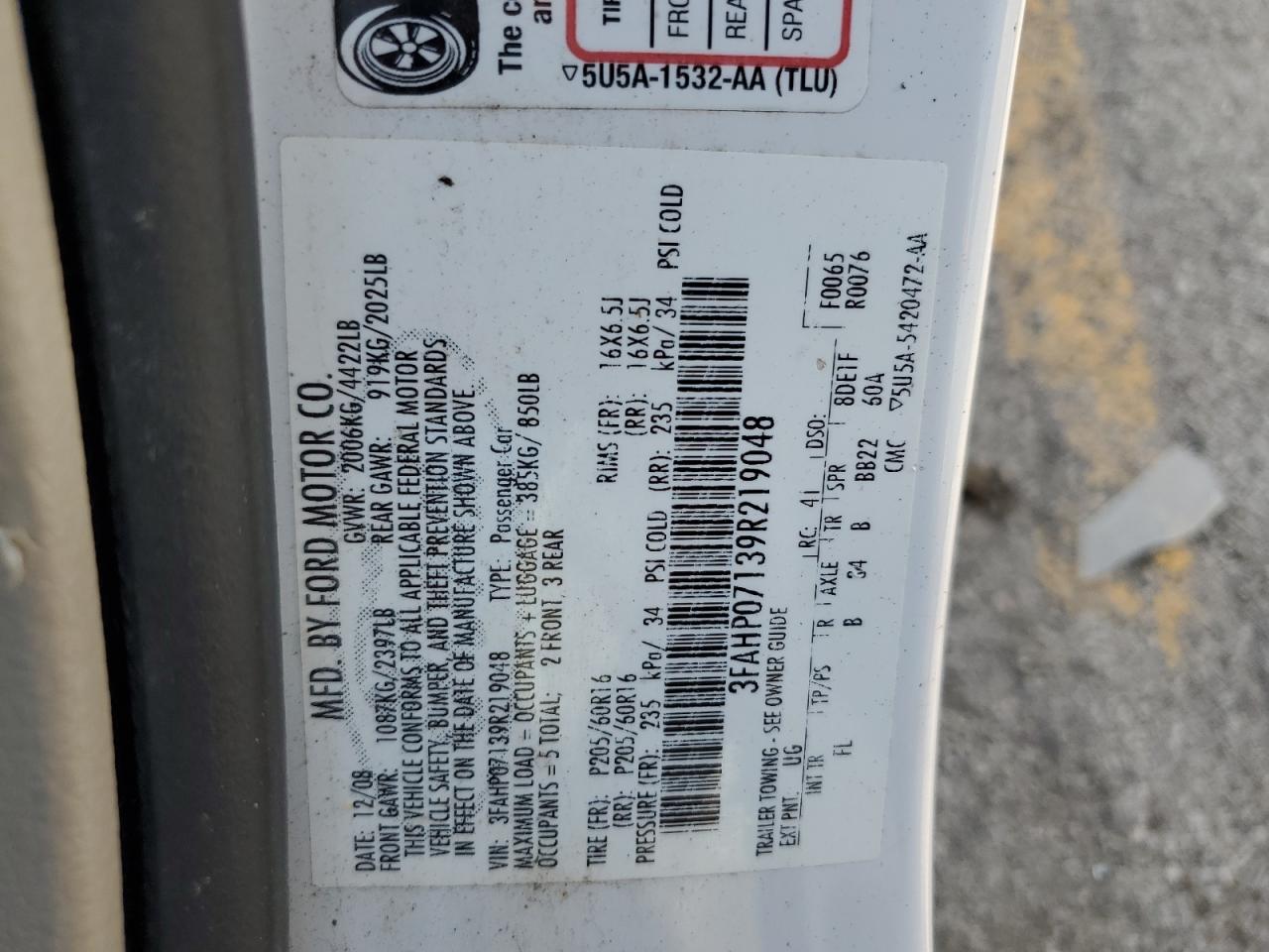 2009 Ford Fusion Se VIN: 3FAHP07139R219048 Lot: 66510054