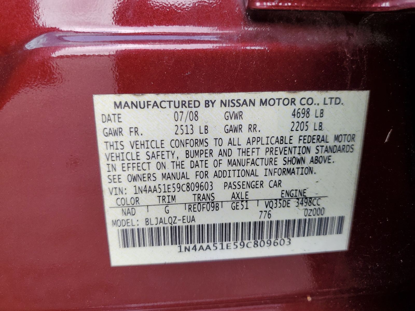 1N4AA51E59C809603 2009 Nissan Maxima S