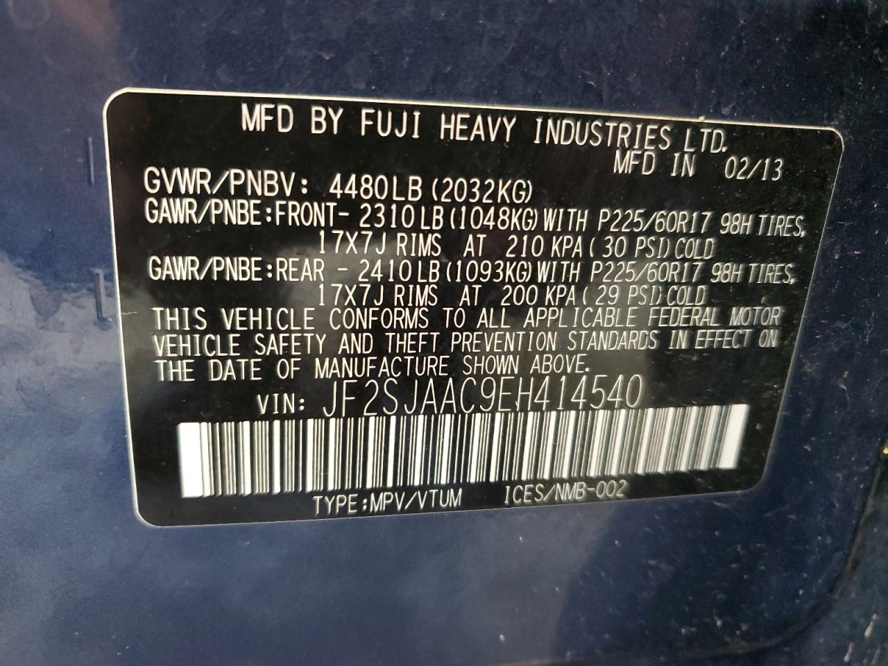 2014 Subaru Forester 2.5I VIN: JF2SJAAC9EH414540 Lot: 66228544