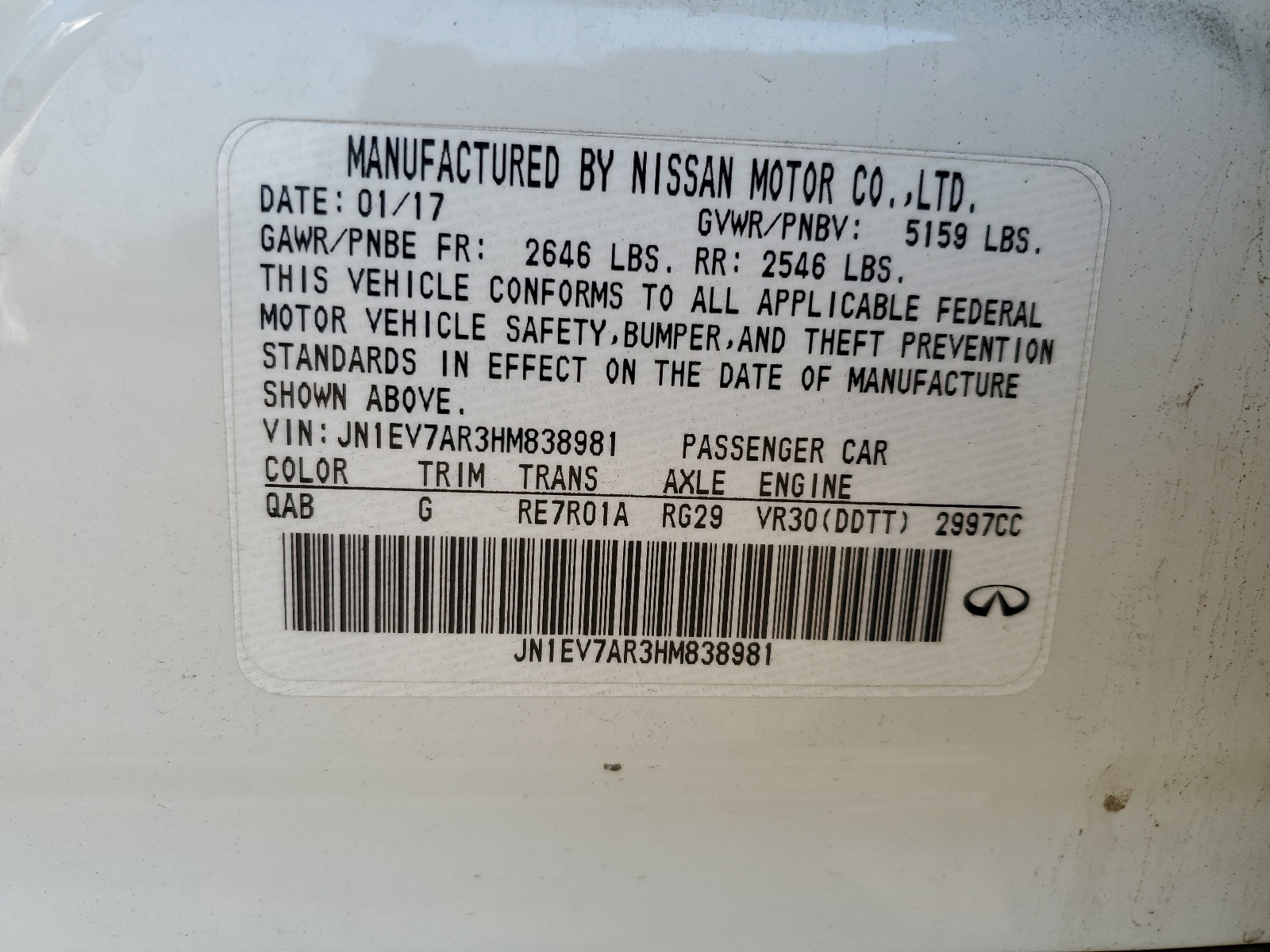 JN1EV7AR3HM838981 2017 Infiniti Q50 Premium