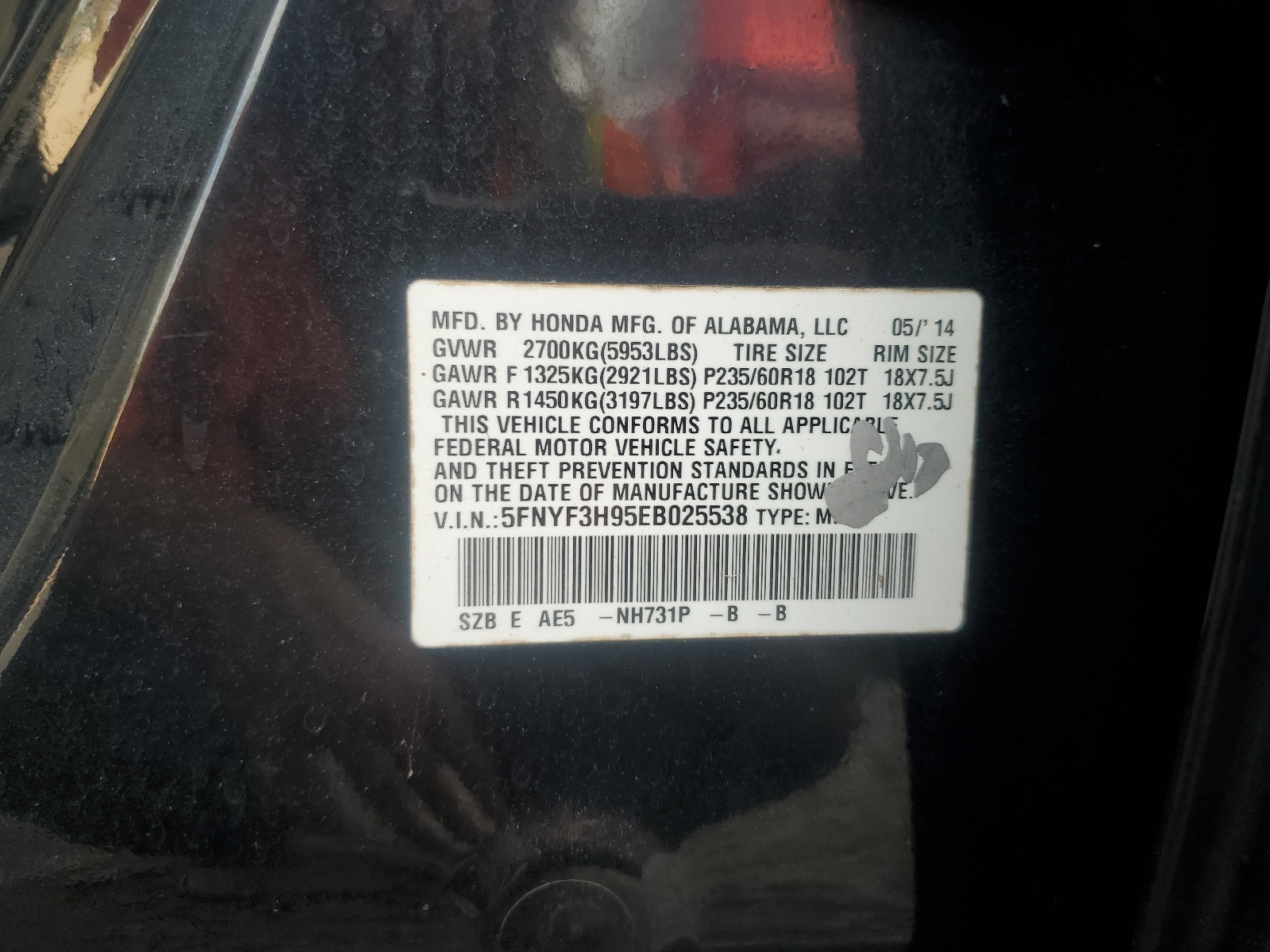 5FNYF3H95EB025538 2014 Honda Pilot Touring