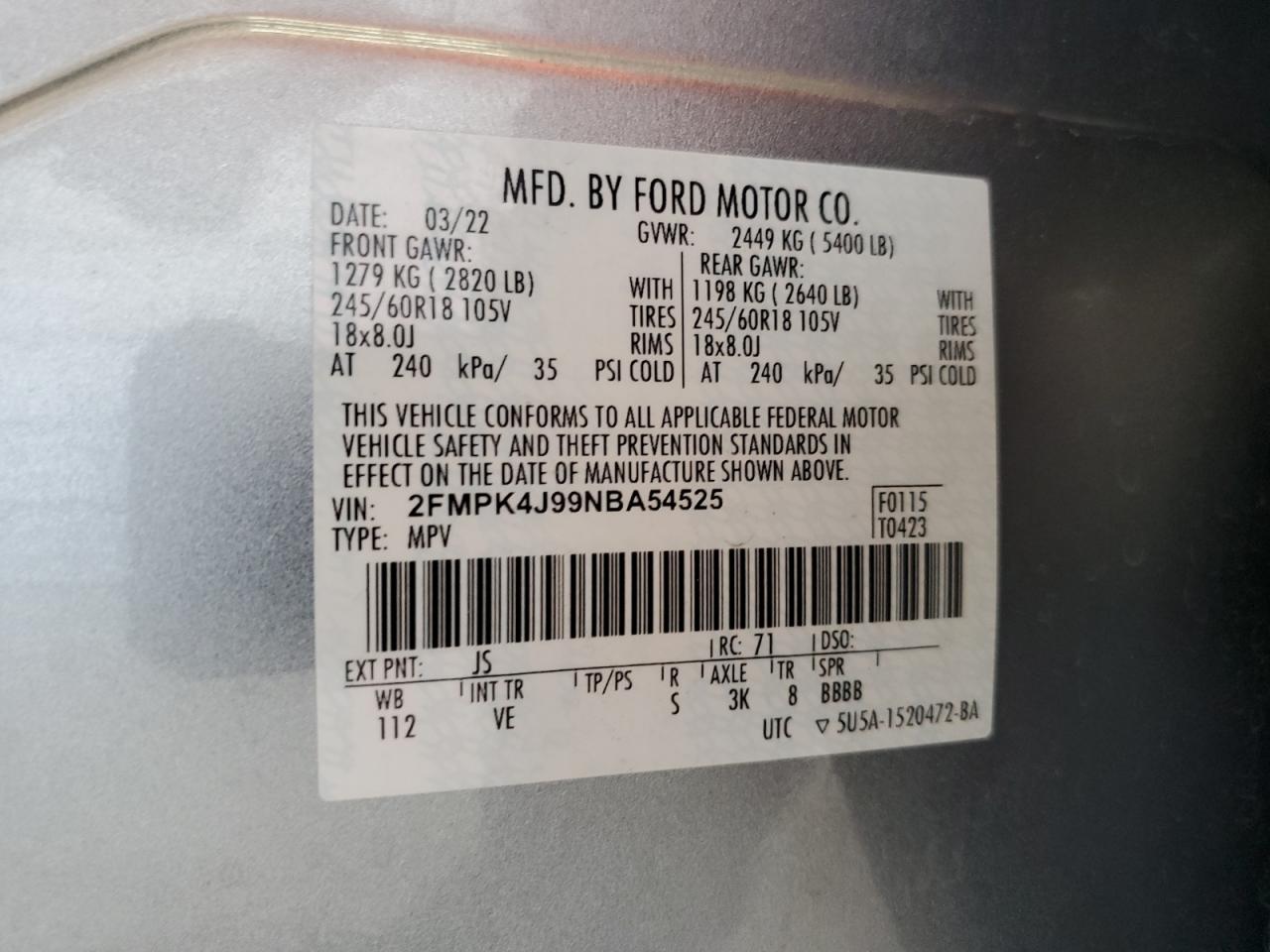 2022 Ford Edge Sel VIN: 2FMPK4J99NBA54525 Lot: 66009824