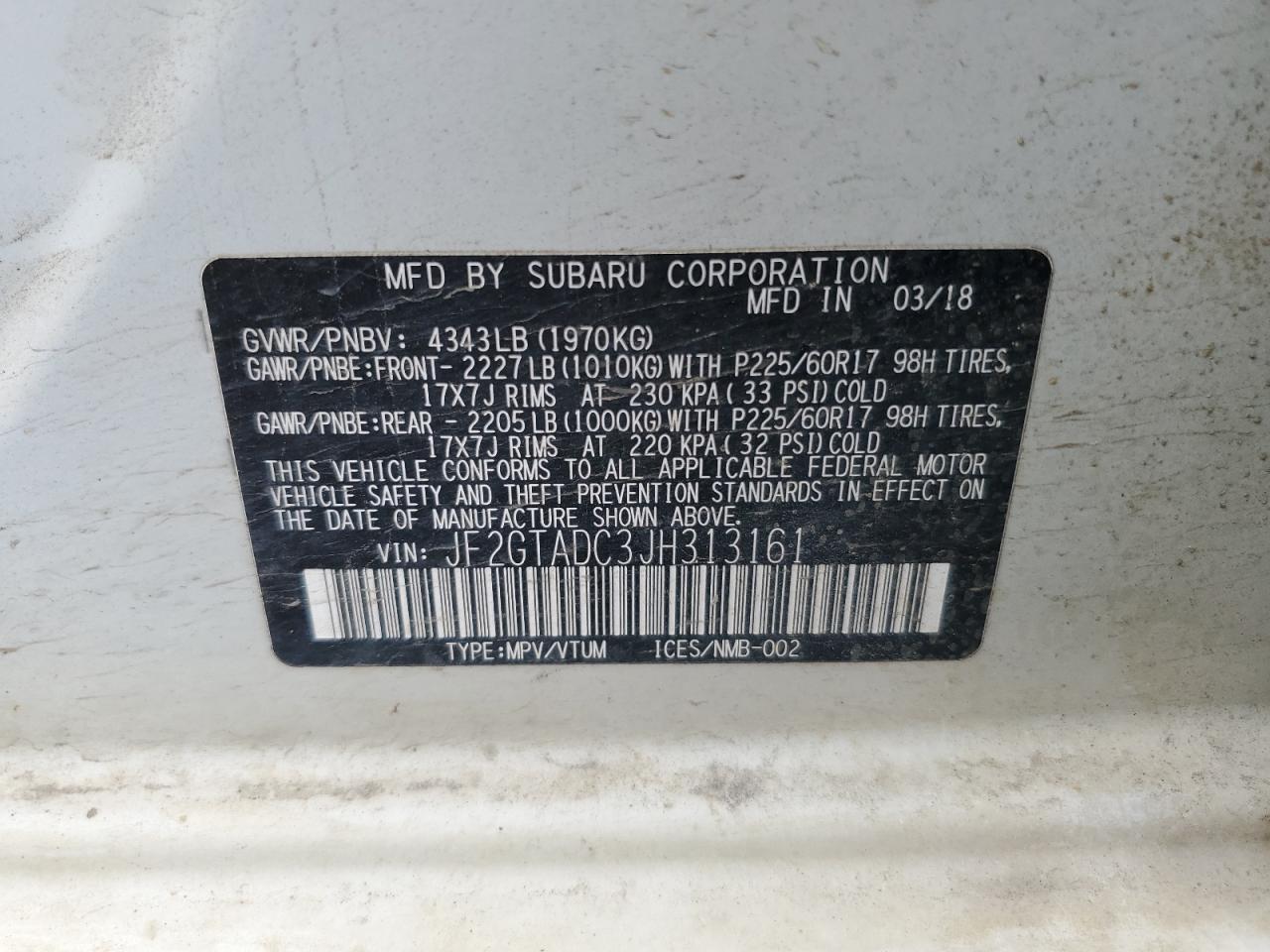 JF2GTADC3JH313161 2018 Subaru Crosstrek Premium