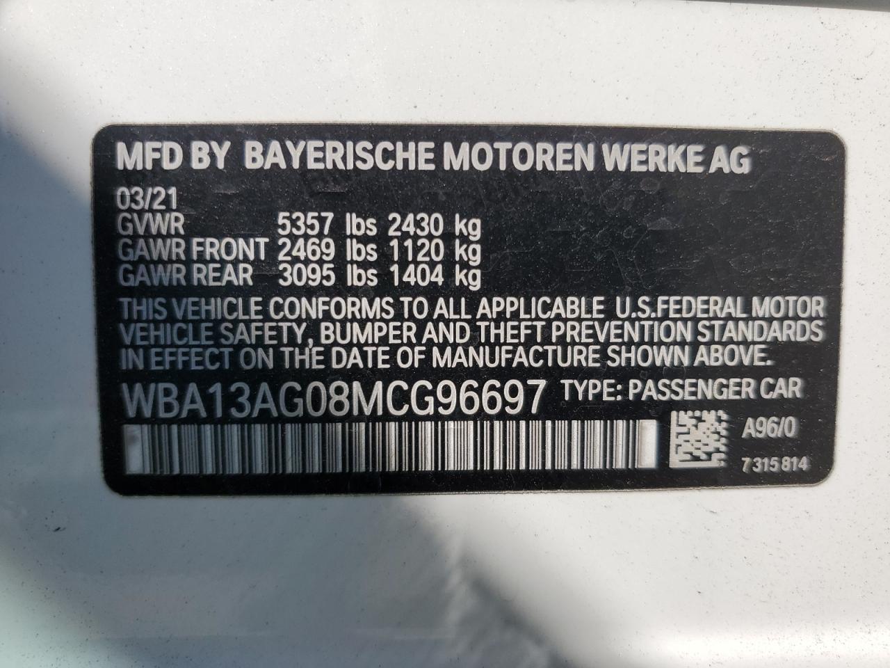 2021 BMW 530E VIN: WBA13AG08MCG96697 Lot: 68584254