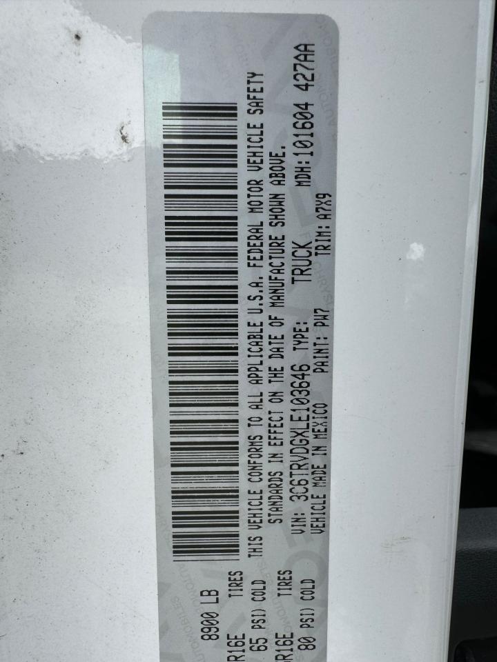 2020 Ram Promaster 2500 2500 High VIN: 3C6TRVDGXLE103646 Lot: 68289594