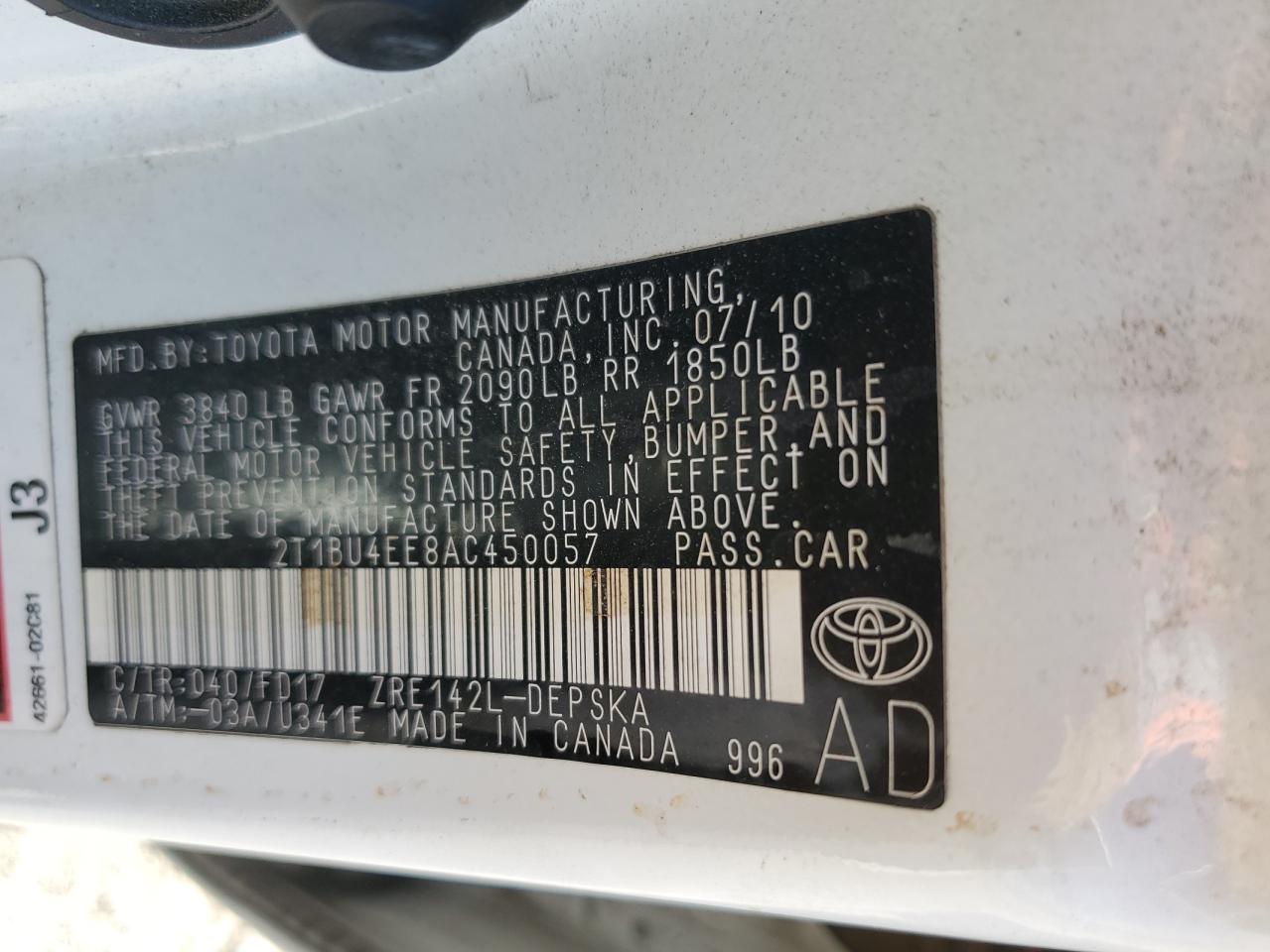 2T1BU4EE8AC450057 2010 Toyota Corolla Base