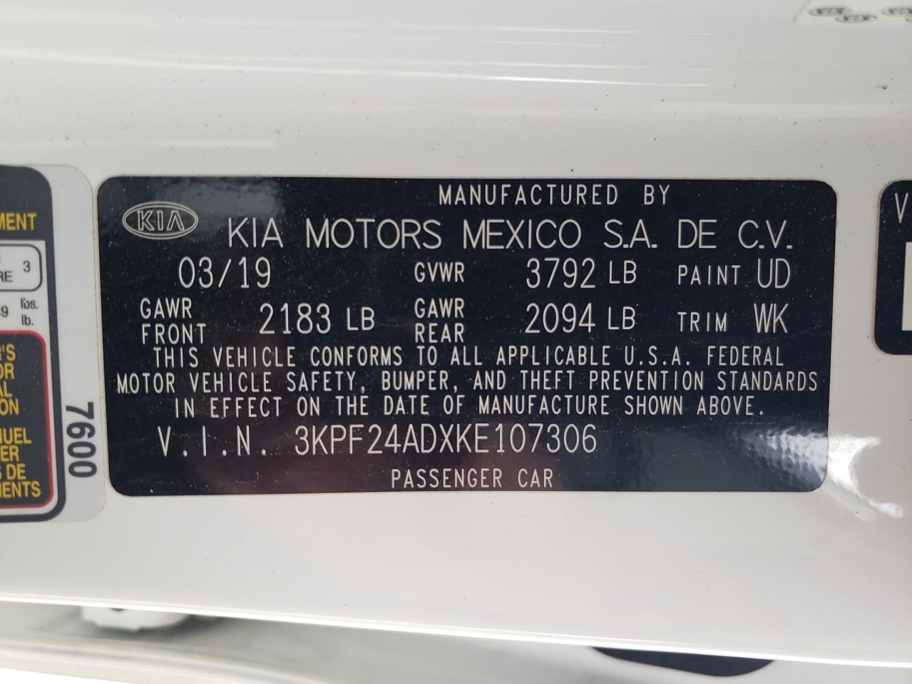 3KPF24ADXKE107306 2019 Kia Forte Fe