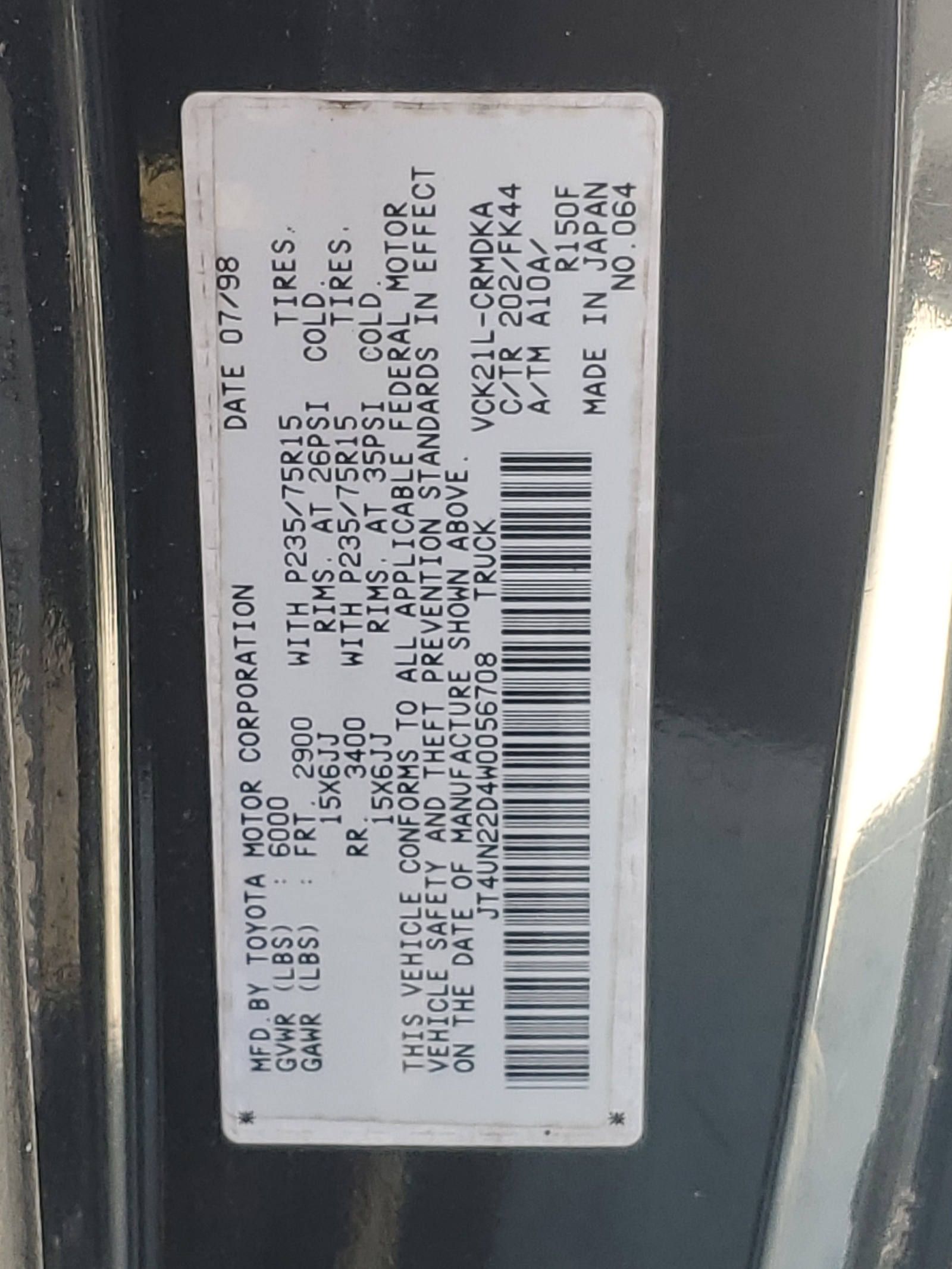 JT4UN22D4W0056708 1998 Toyota T100 Xtracab