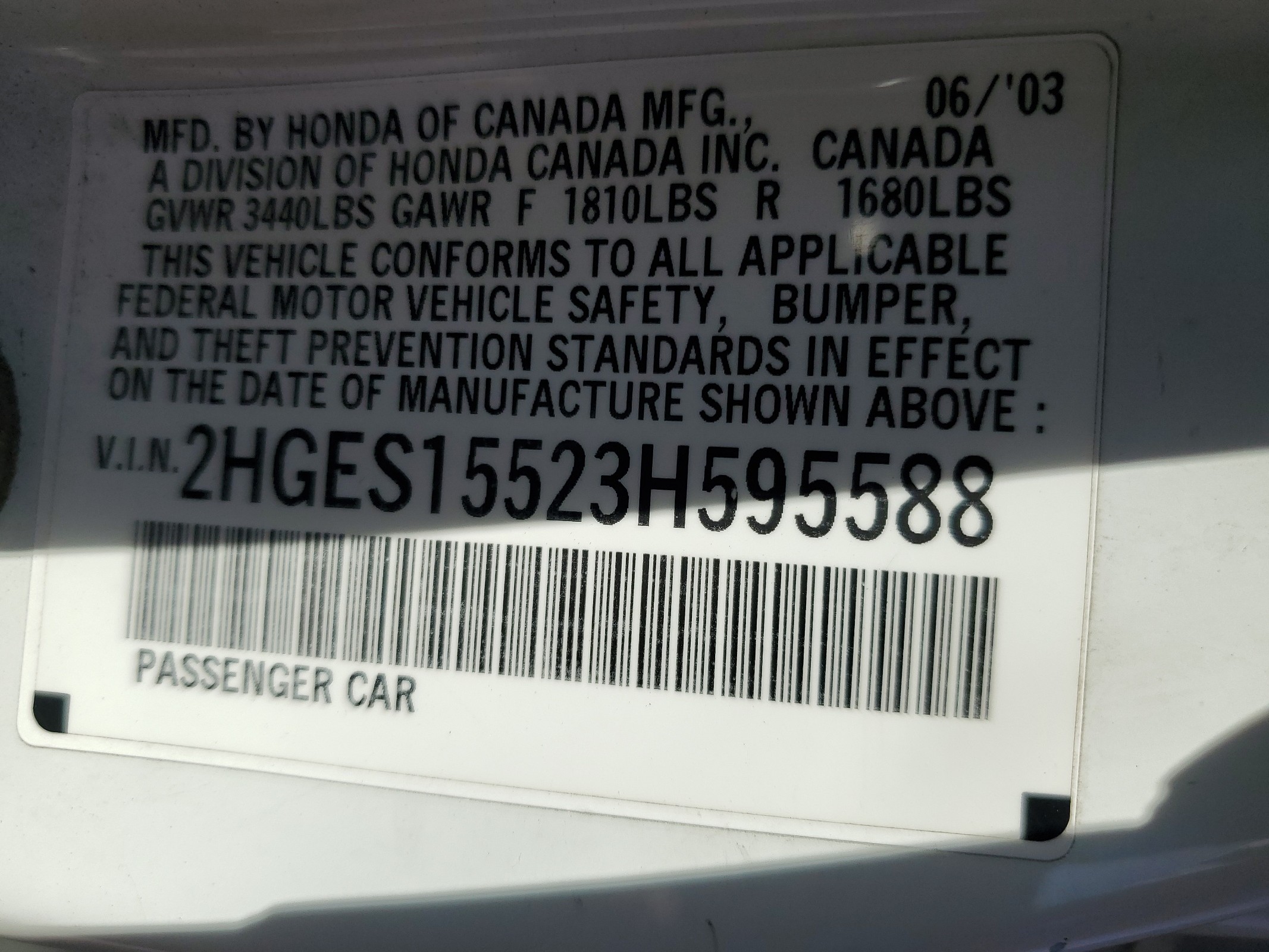 2HGES15523H595588 2003 Honda Civic Lx