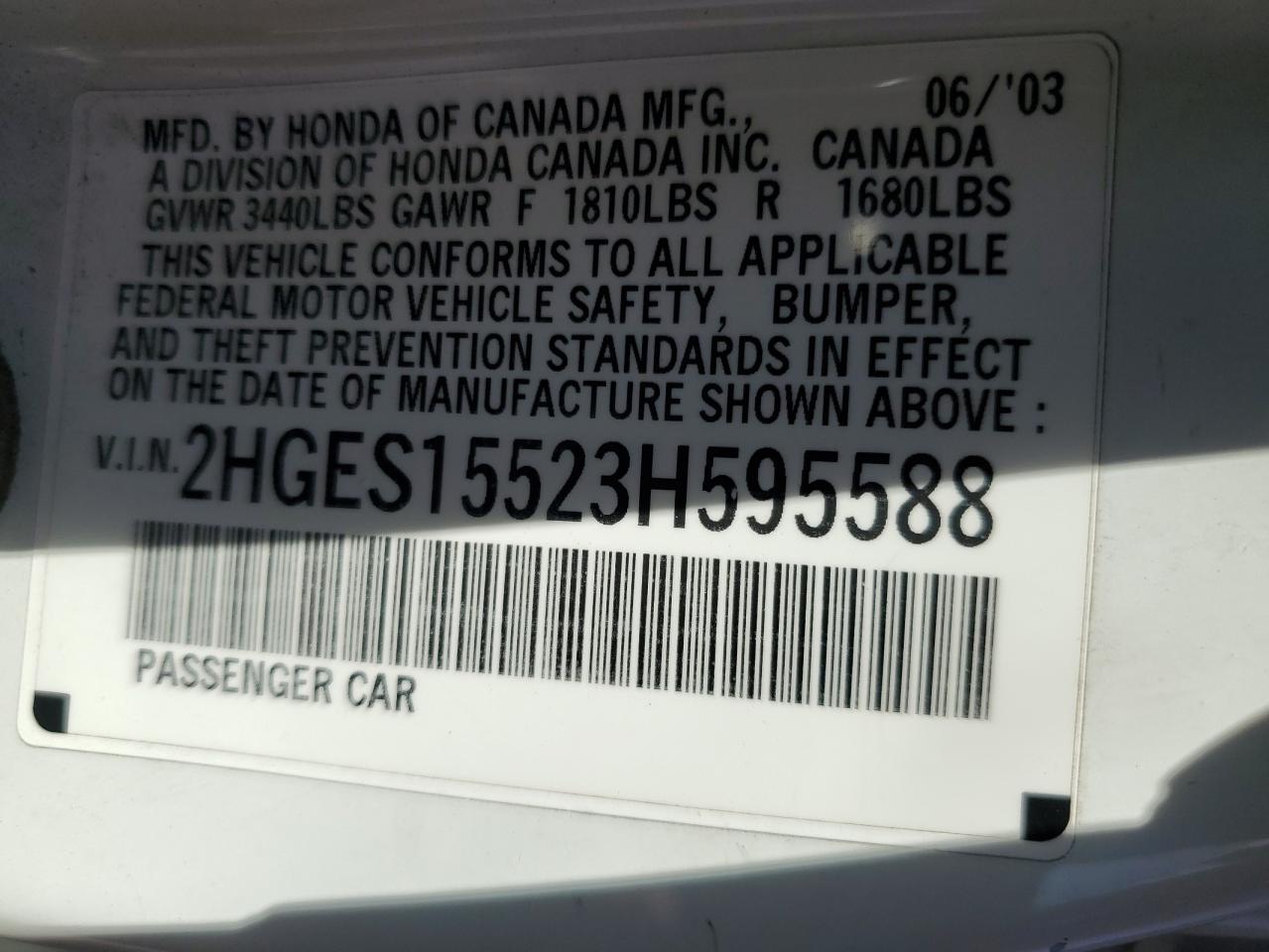 2003 Honda Civic Lx VIN: 2HGES15523H595588 Lot: 68552964