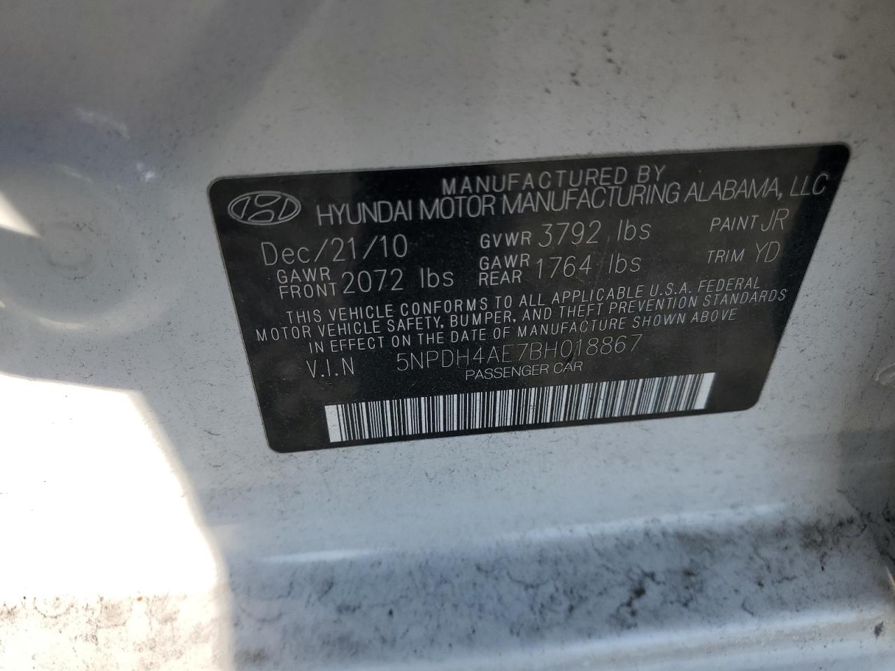 5NPDH4AE7BH018867 2011 Hyundai Elantra Gls