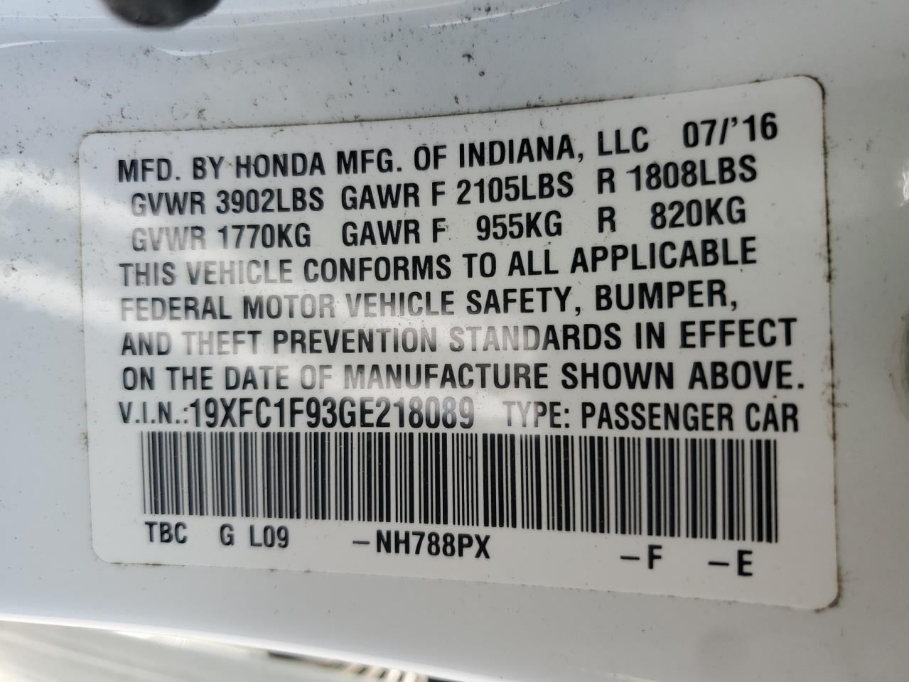 19XFC1F93GE218089 2016 Honda Civic Touring