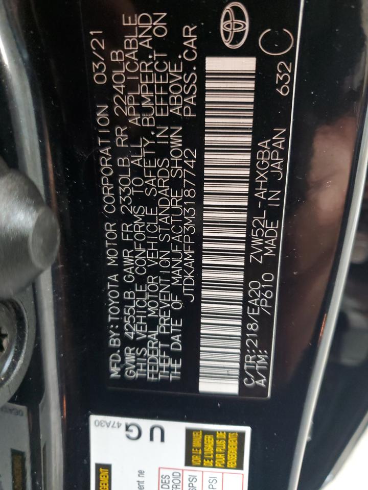 2021 Toyota Prius Prime Le VIN: JTDKAMFP3M3187742 Lot: 66043584