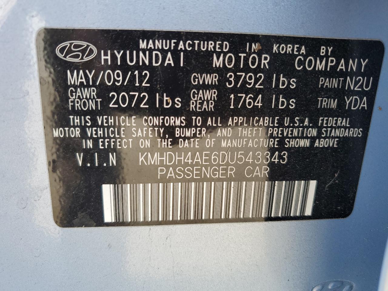 2013 Hyundai Elantra Gls VIN: KMHDH4AE6DU543343 Lot: 66750994