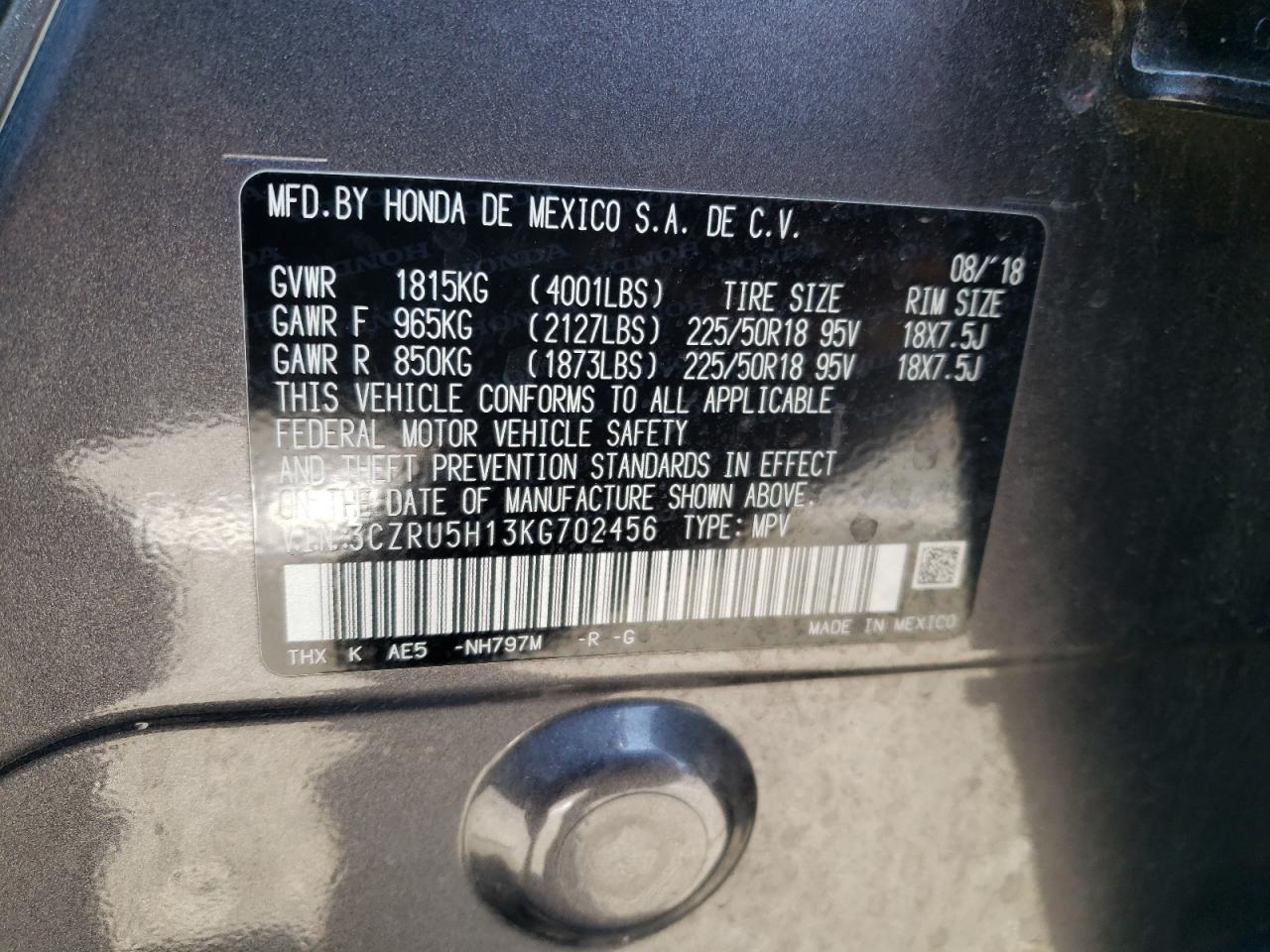 2019 Honda Hr-V Sport VIN: 3CZRU5H13KG702456 Lot: 66175284