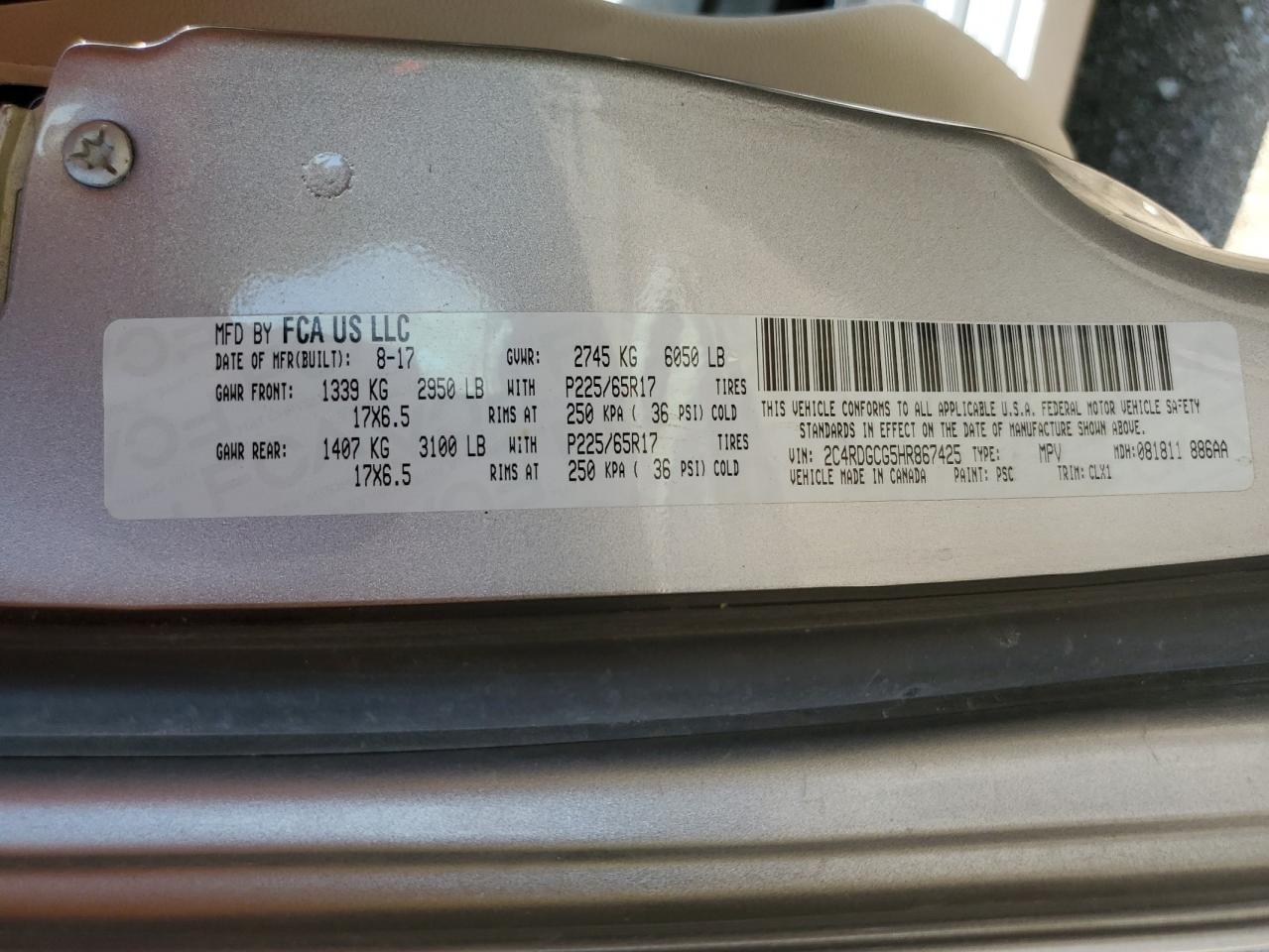 2017 Dodge Grand Caravan Sxt VIN: 2C4RDGCG5HR867425 Lot: 66377664