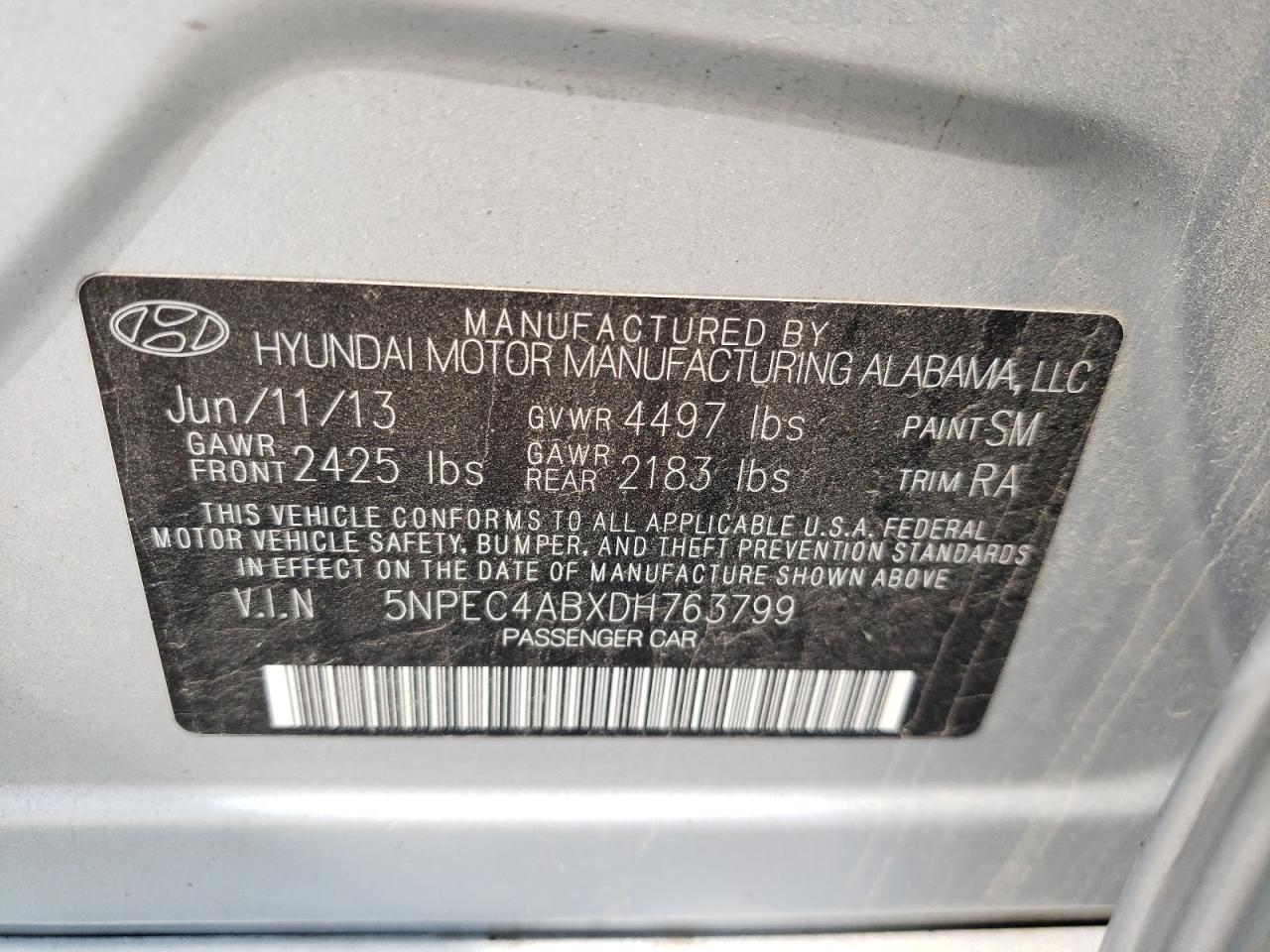 2013 Hyundai Sonata Se VIN: 5NPEC4ABXDH763799 Lot: 66367024