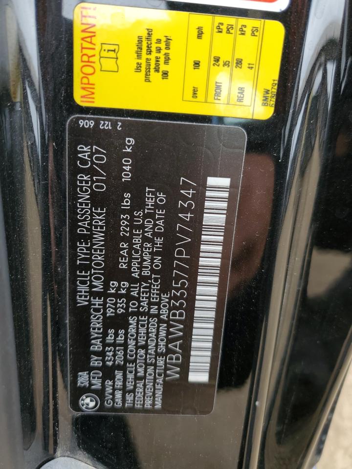 2007 BMW 328 I VIN: WBAWB33577PV74347 Lot: 66334534