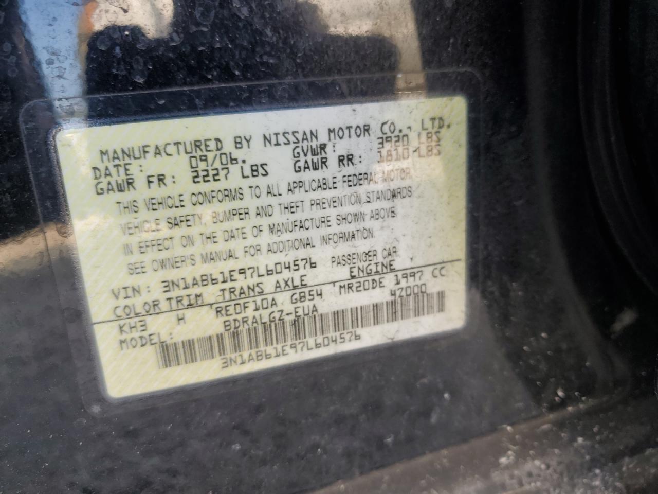 2007 Nissan Sentra 2.0 VIN: 3N1AB61E97L604576 Lot: 65569234