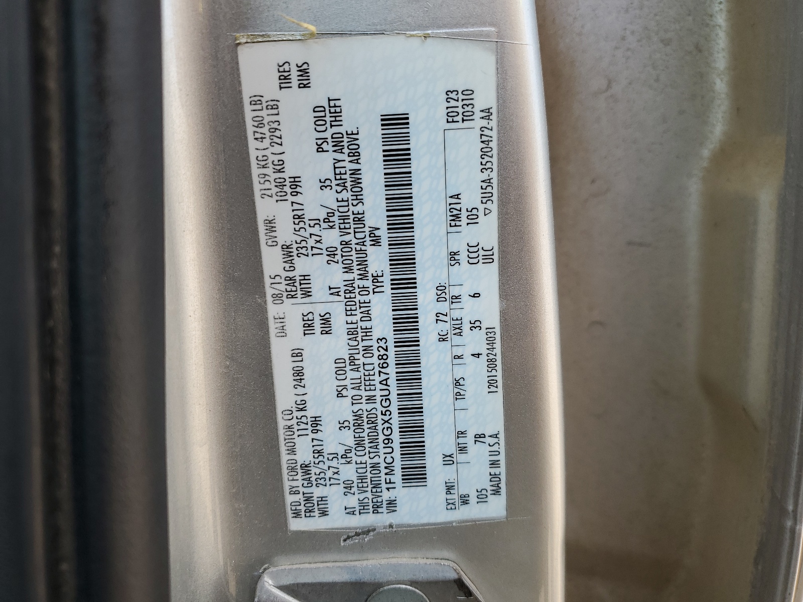 1FMCU9GX5GUA76823 2016 Ford Escape Se