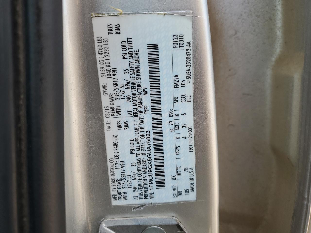 2016 Ford Escape Se VIN: 1FMCU9GX5GUA76823 Lot: 65649604