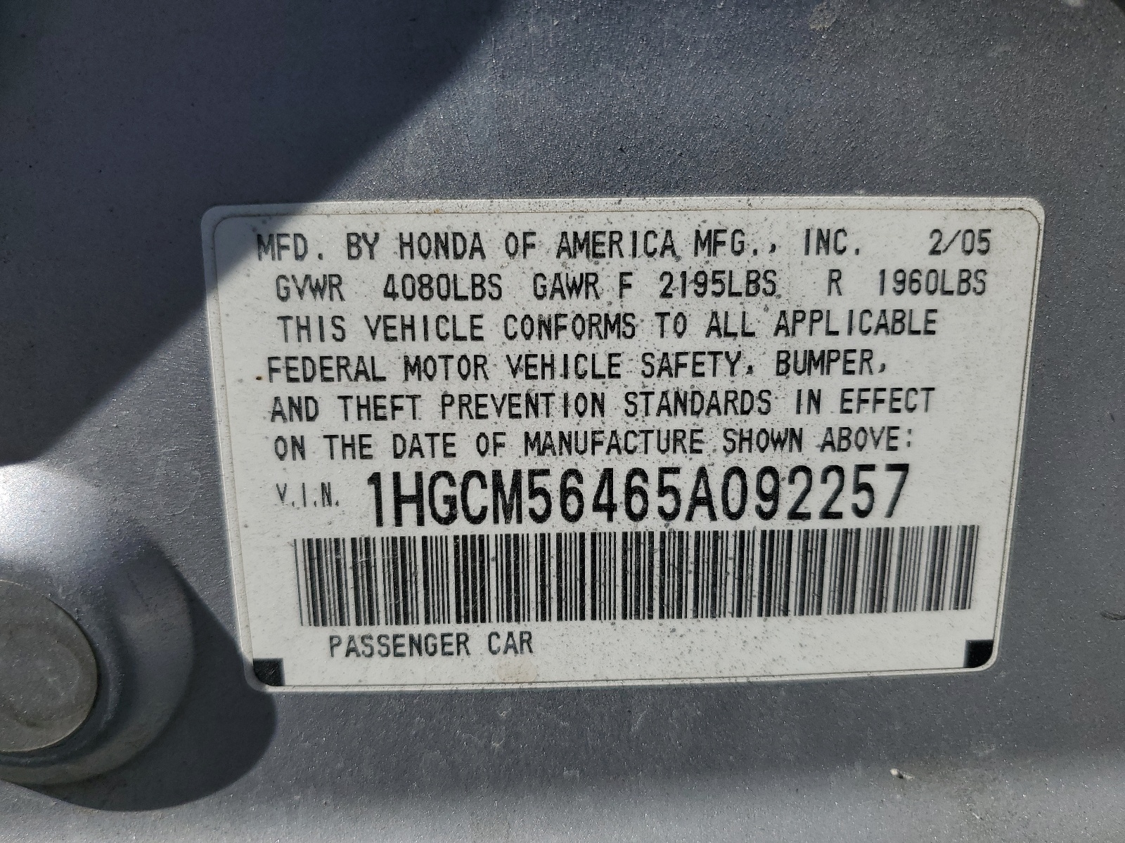 1HGCM56465A092257 2005 Honda Accord Lx