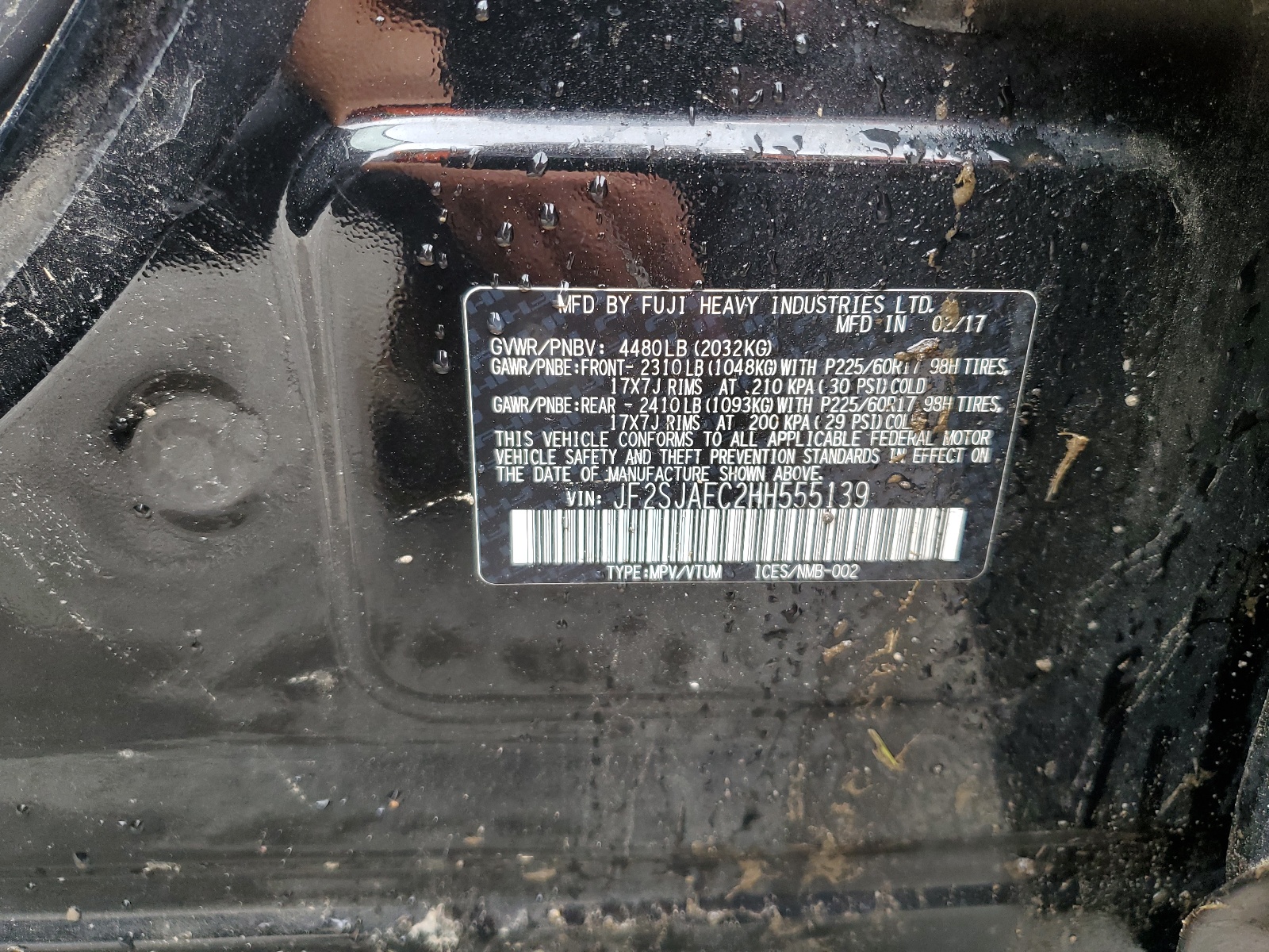JF2SJAEC2HH555139 2017 Subaru Forester 2.5I Premium