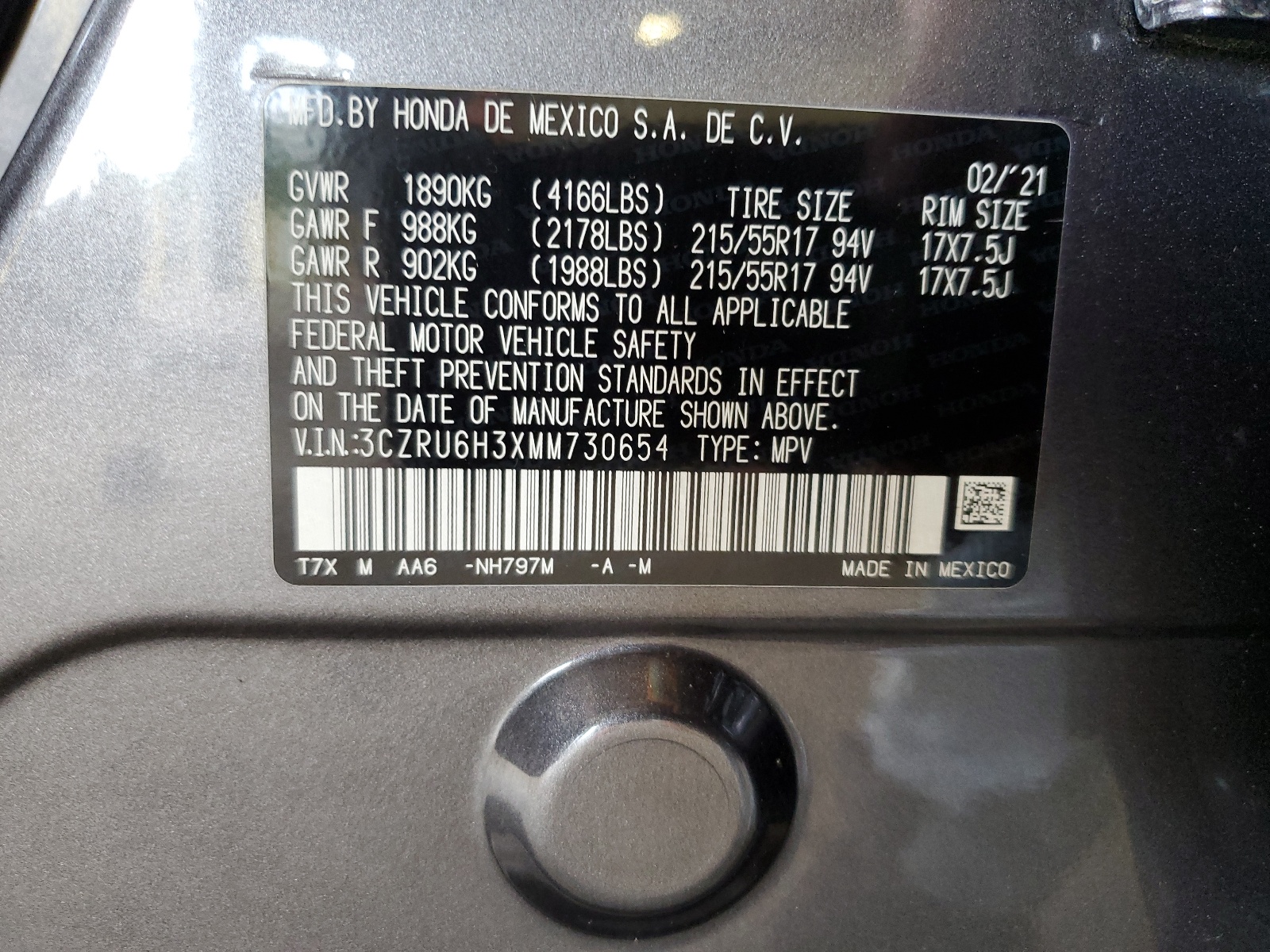 3CZRU6H3XMM730654 2021 Honda Hr-V Lx