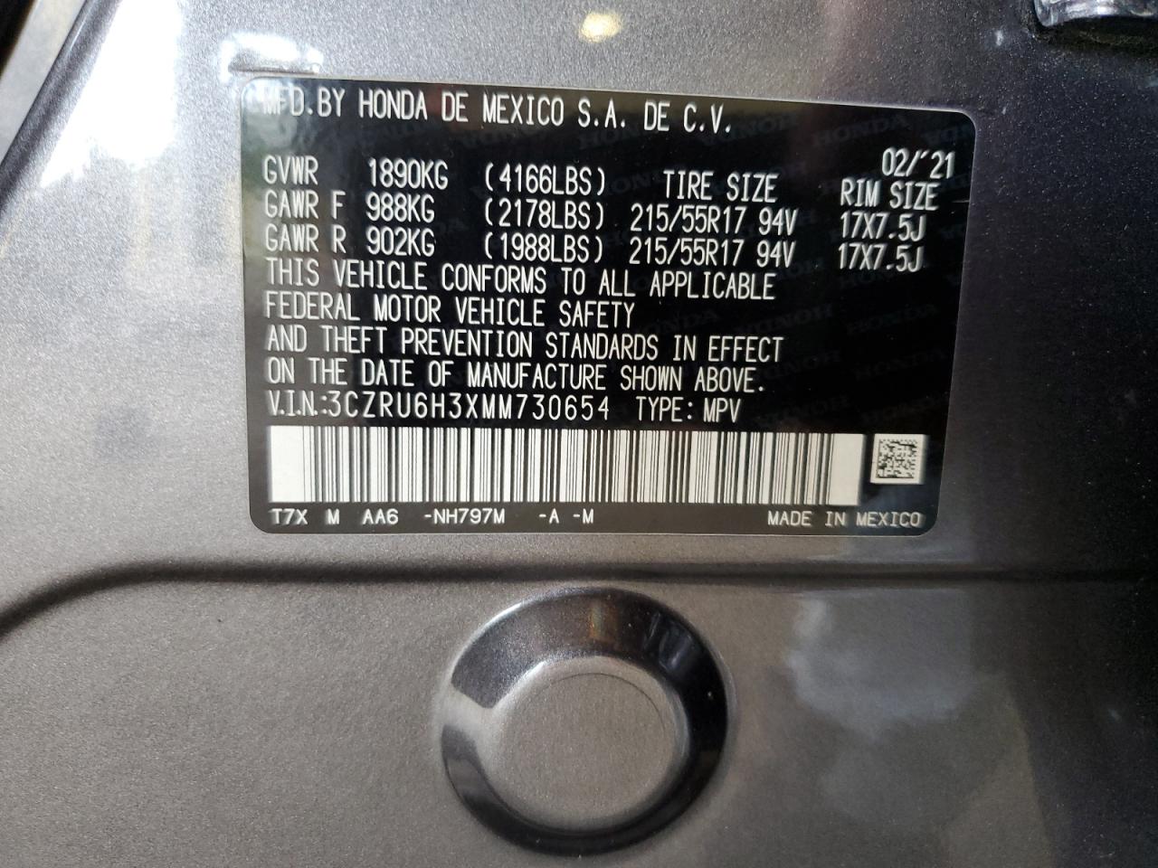 2021 Honda Hr-V Lx VIN: 3CZRU6H3XMM730654 Lot: 65938694