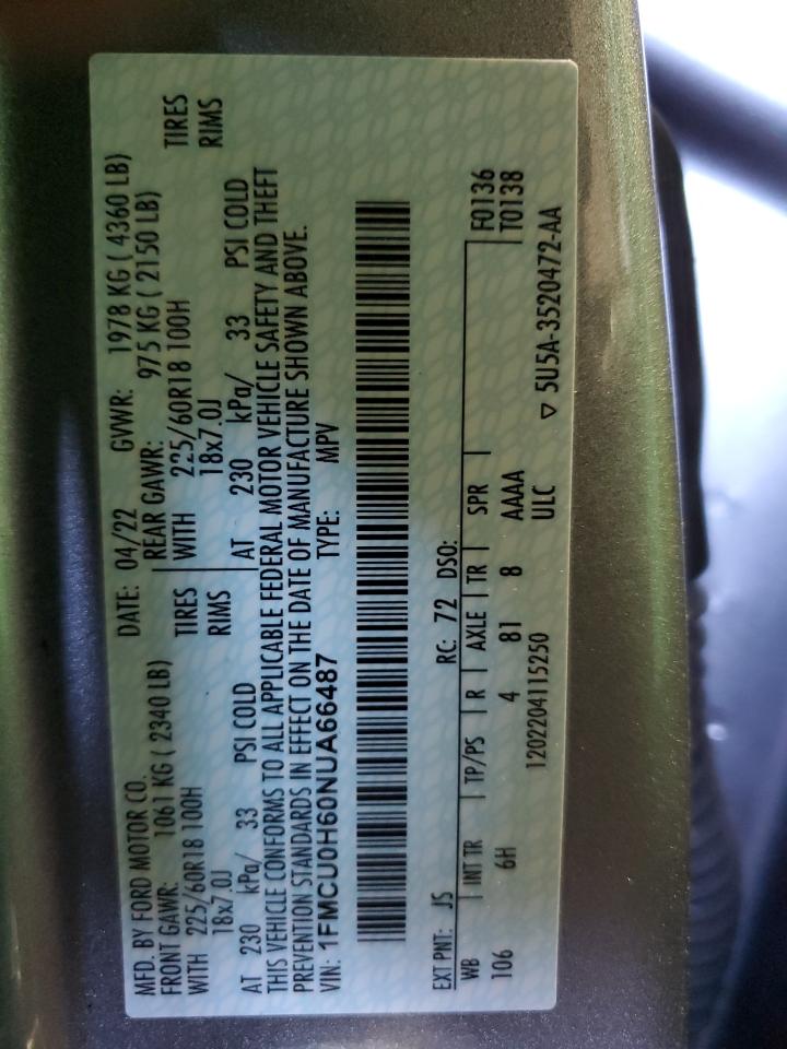 2022 Ford Escape Sel VIN: 1FMCU0H60NUA66487 Lot: 67285984