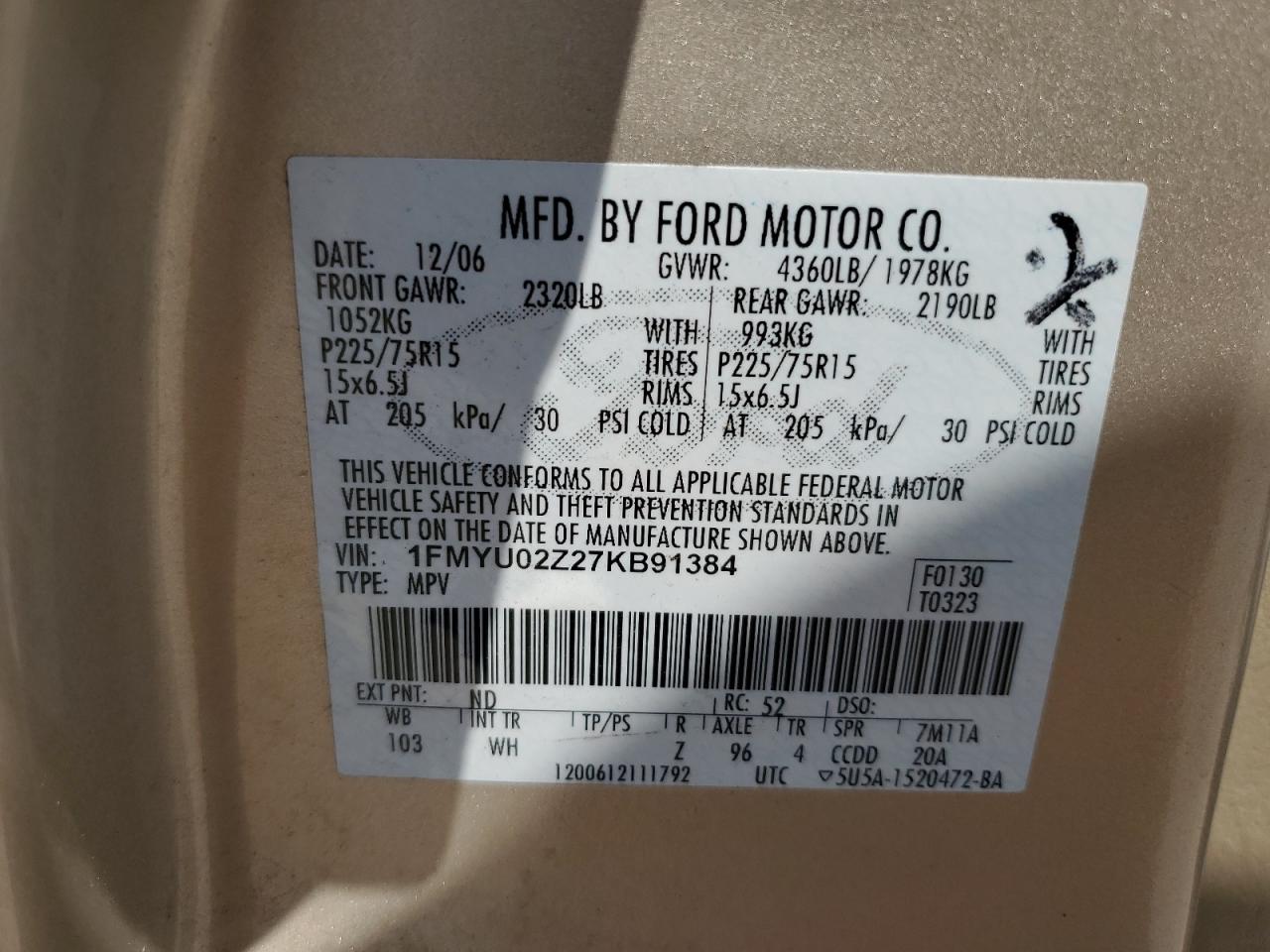 2007 Ford Escape Xls VIN: 1FMYU02Z27KB91384 Lot: 67247714