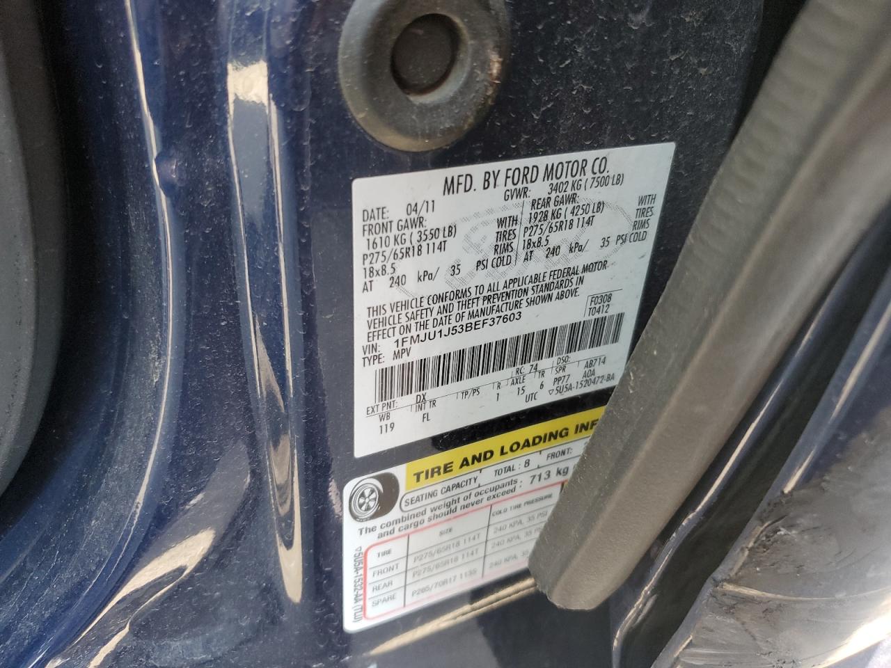 2011 Ford Expedition Xlt VIN: 1FMJU1J53BEF37603 Lot: 61396094