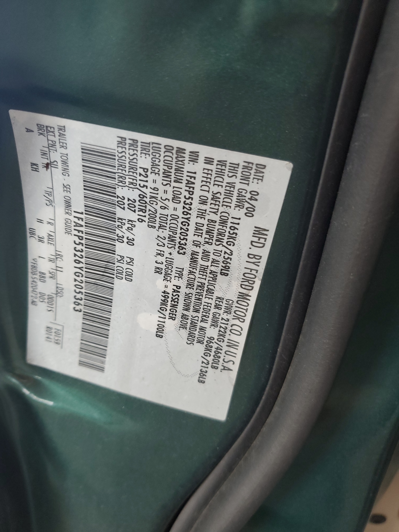 1FAFP5326YG205363 2000 Ford Taurus Se