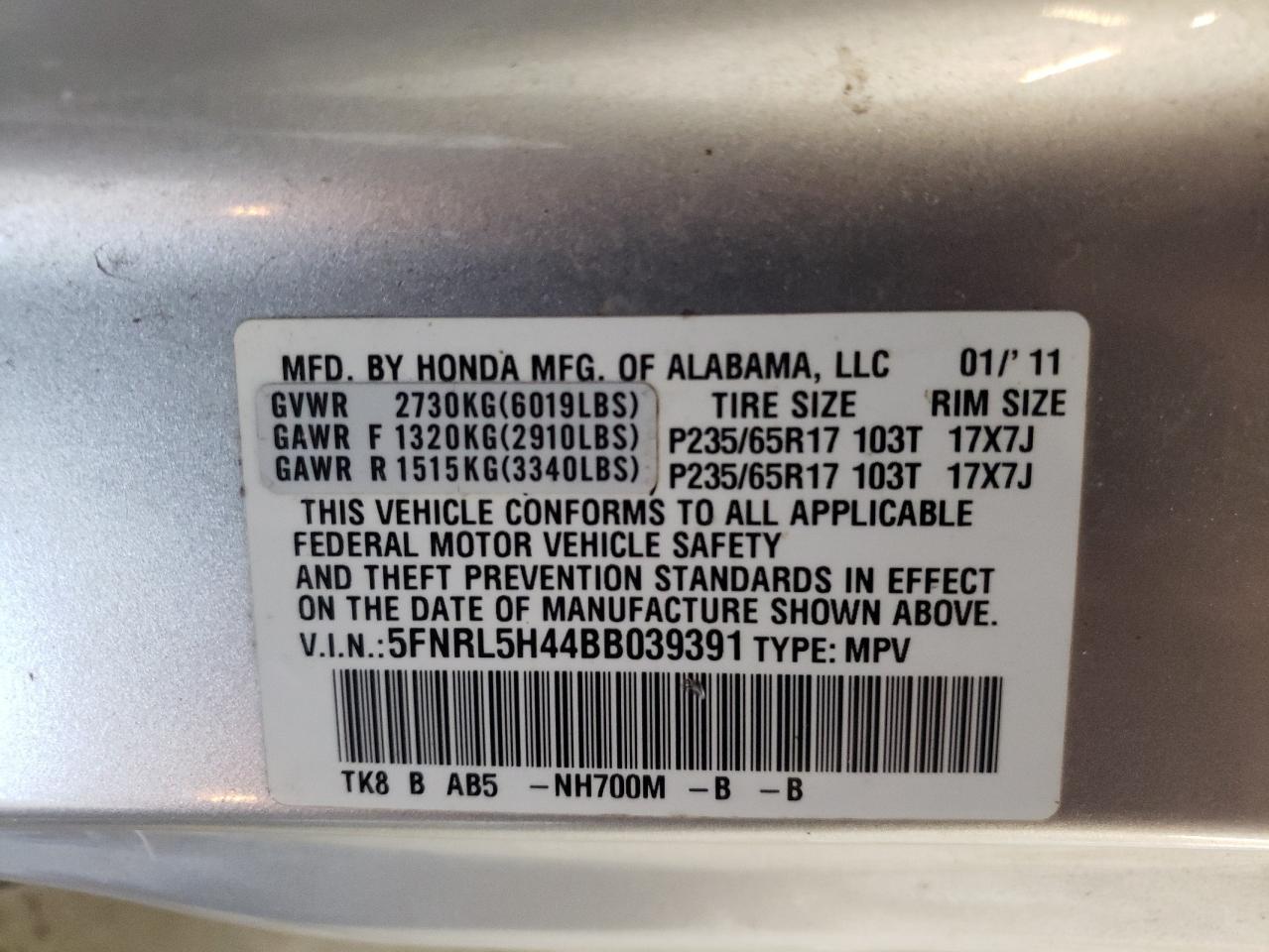 5FNRL5H44BB039391 2011 Honda Odyssey Ex